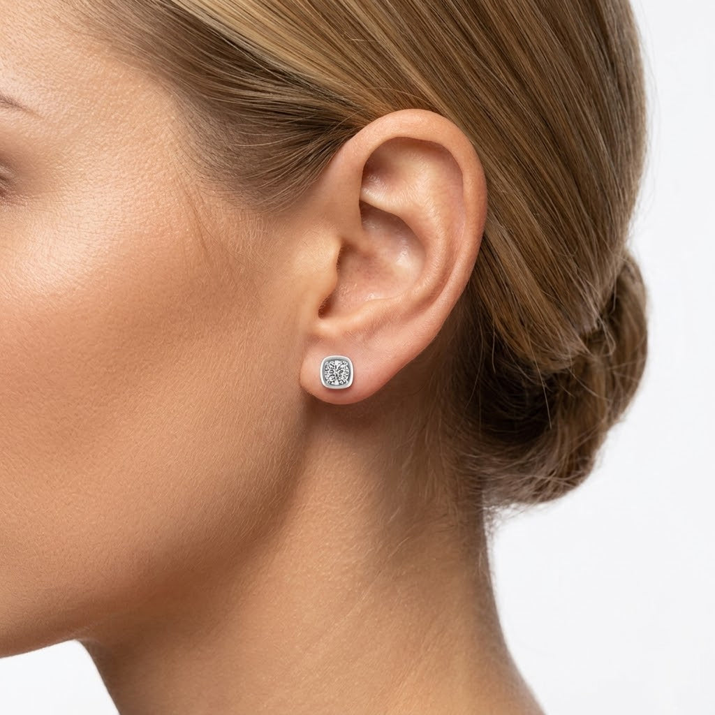 925 Sterling Silver Round CZ Cushion Frame Stud Earrings 40200780