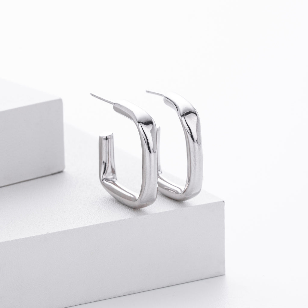 925 Sterling Silver Rectangular Hollow C-Shape Hoop Earrings 40400134