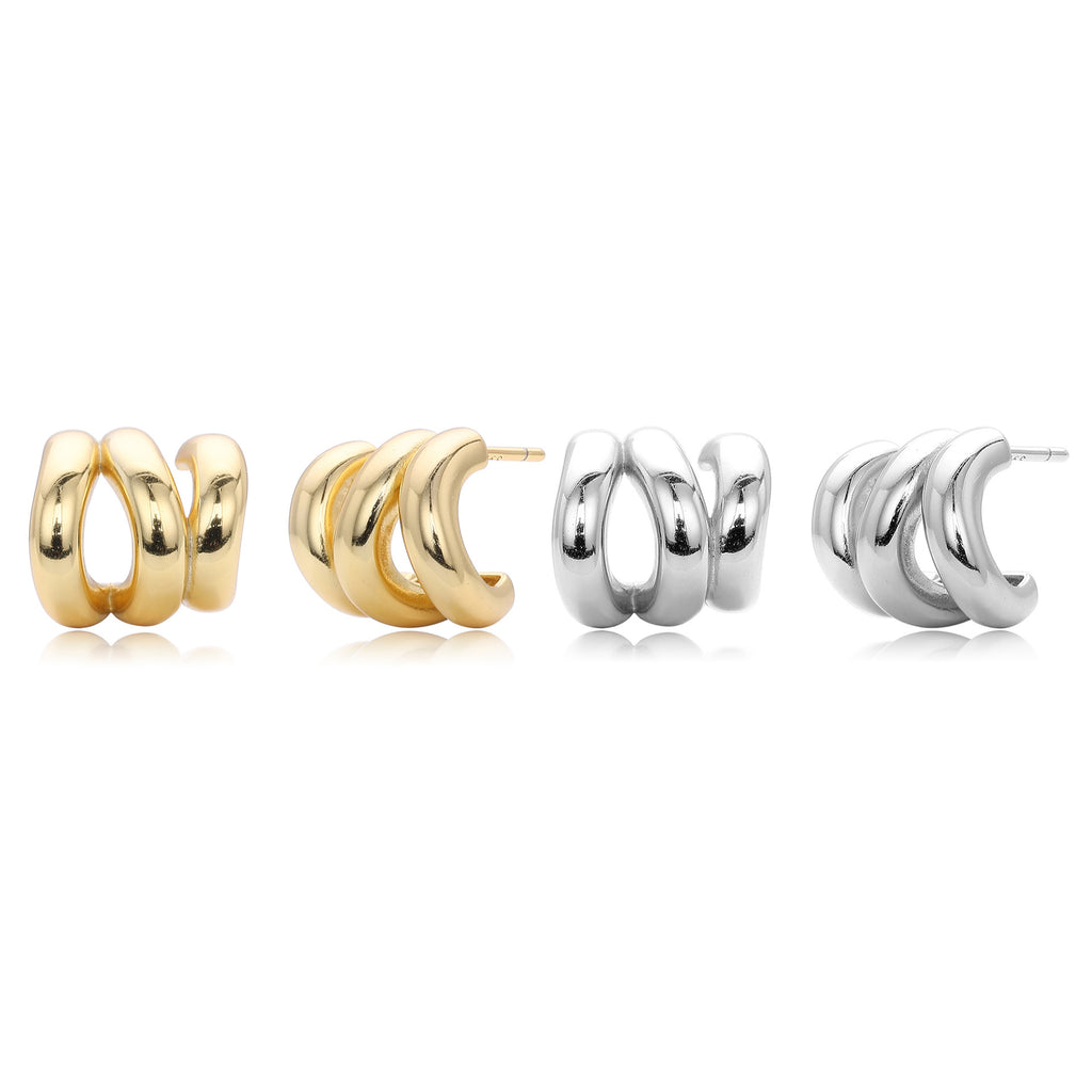 925 Sterling Silver Triple Row C-Shape Hoop Stud Earrings 40400136