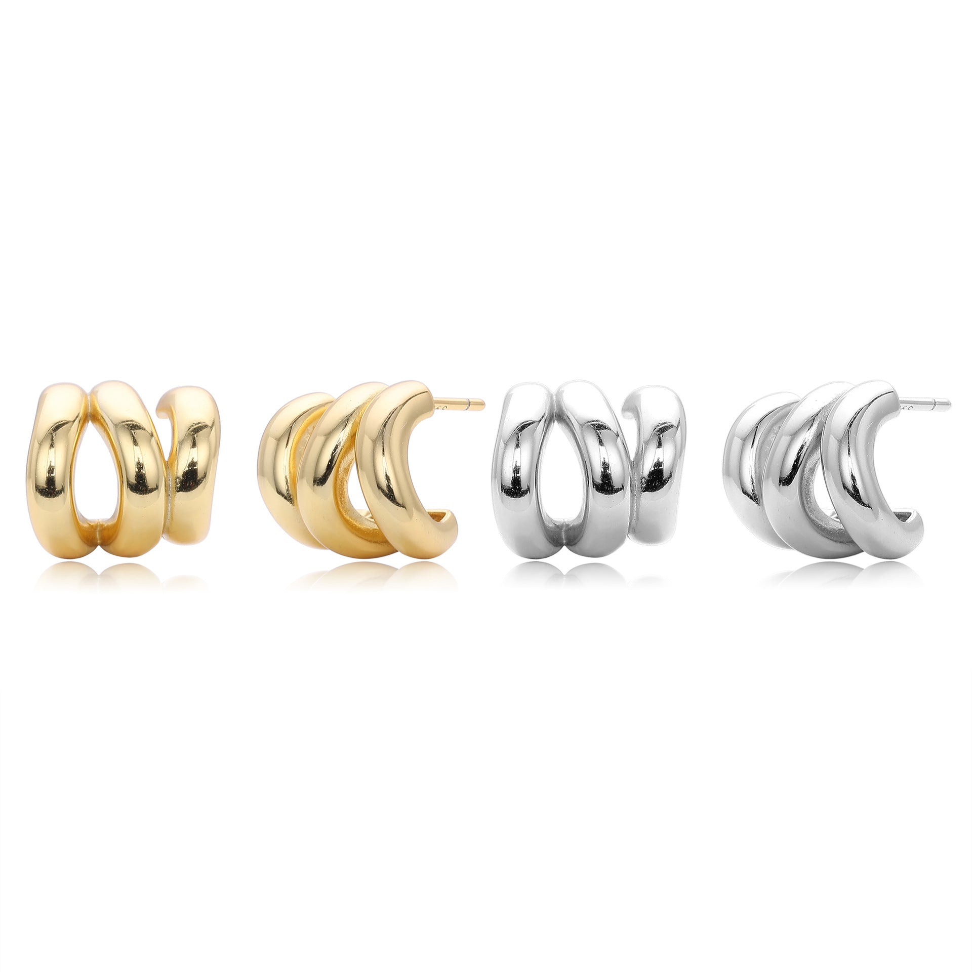 925 Sterling Silver Triple Row C-Shape Hoop Stud Earrings 40400136