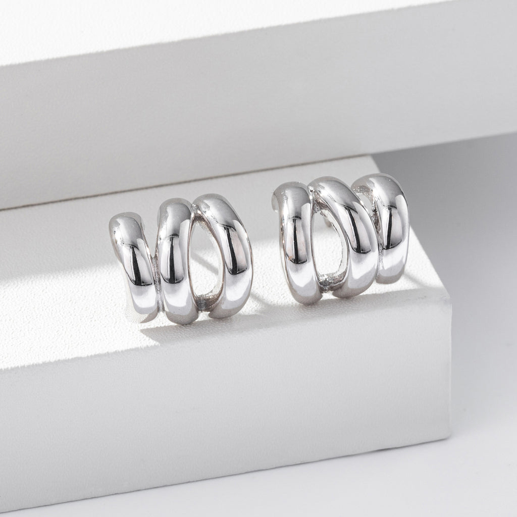 925 Sterling Silver Triple Row C-Shape Hoop Stud Earrings 40400136