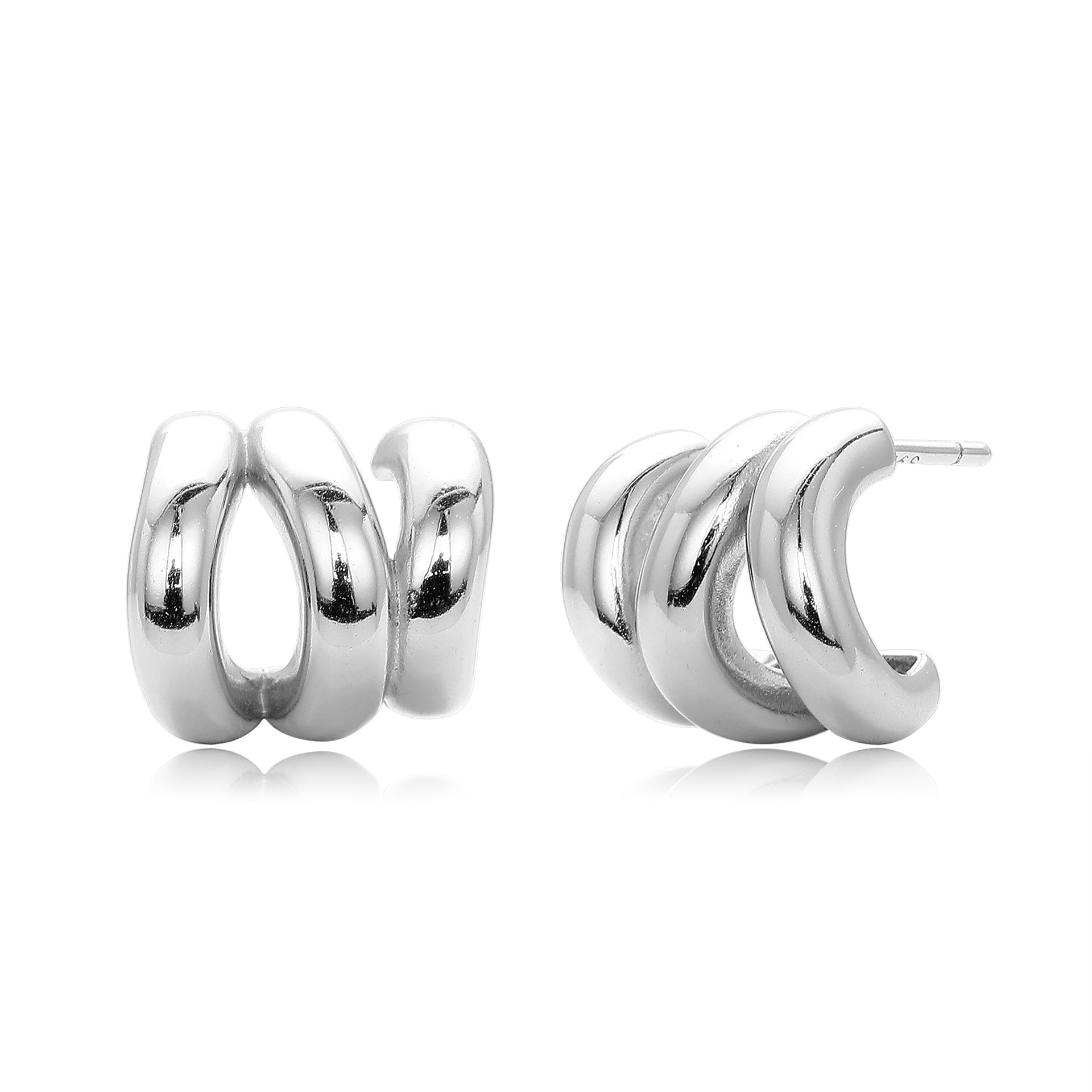 925 Sterling Silver Triple Row C-Shape Hoop Stud Earrings 40400136