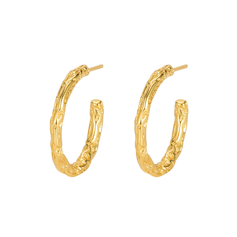 925 Sterling Silver Textured Molten C-Shape Hoop Earrings 40400150