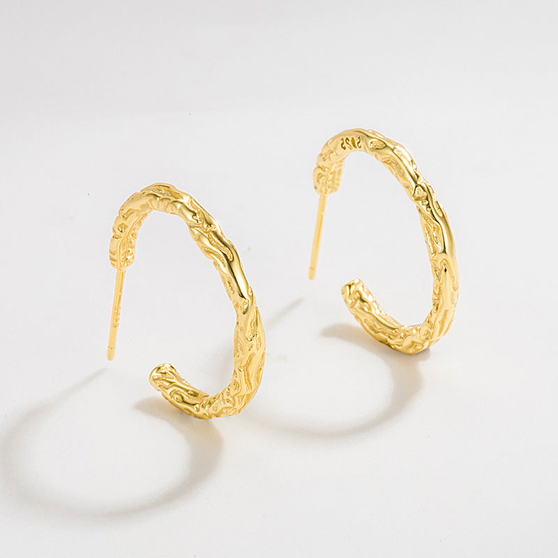 925 Sterling Silver Textured Molten C-Shape Hoop Earrings 40400150