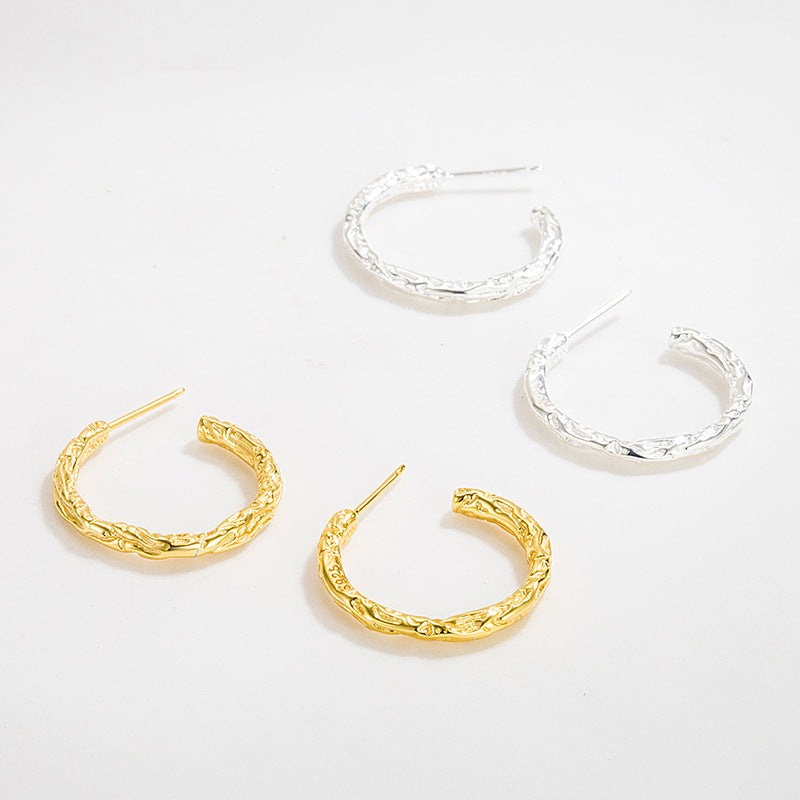 925 Sterling Silver Textured Molten C-Shape Hoop Earrings 40400150
