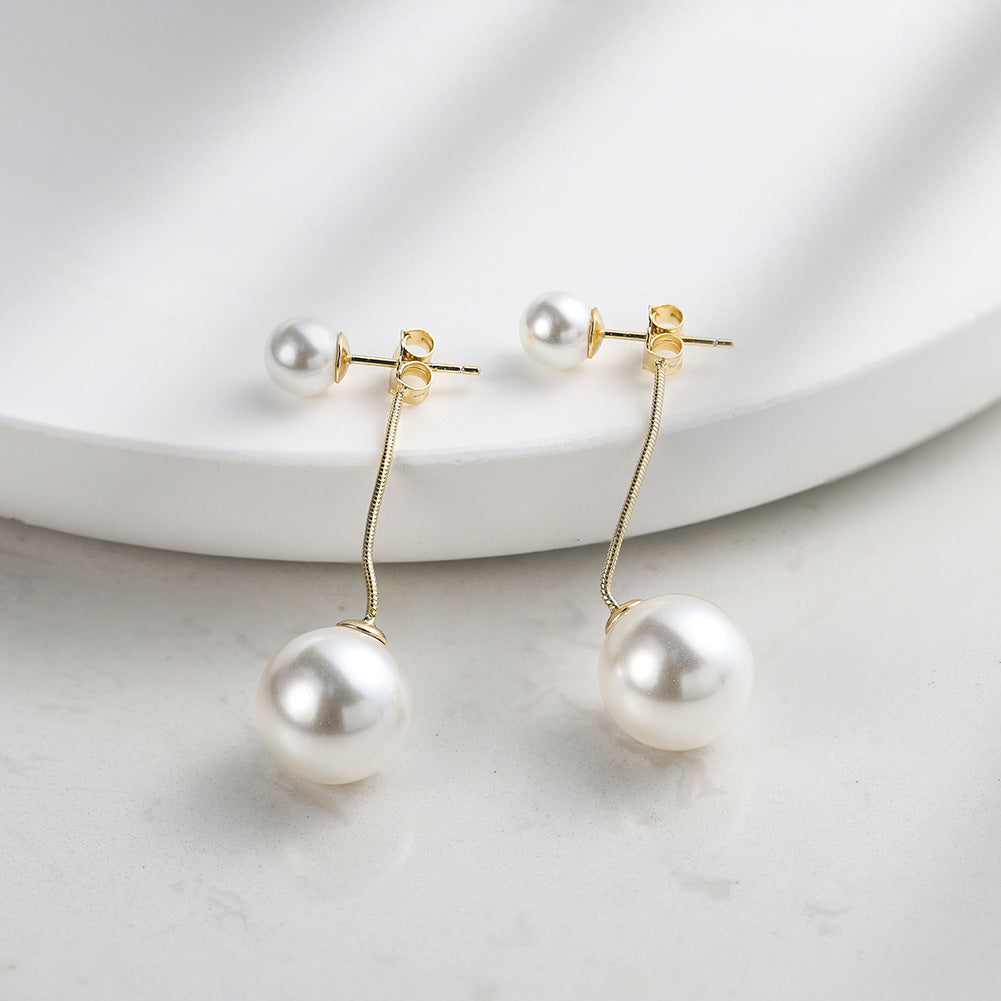 925 Sterling Silver Double Shell Pearl Linear Drop Earrings 40500079
