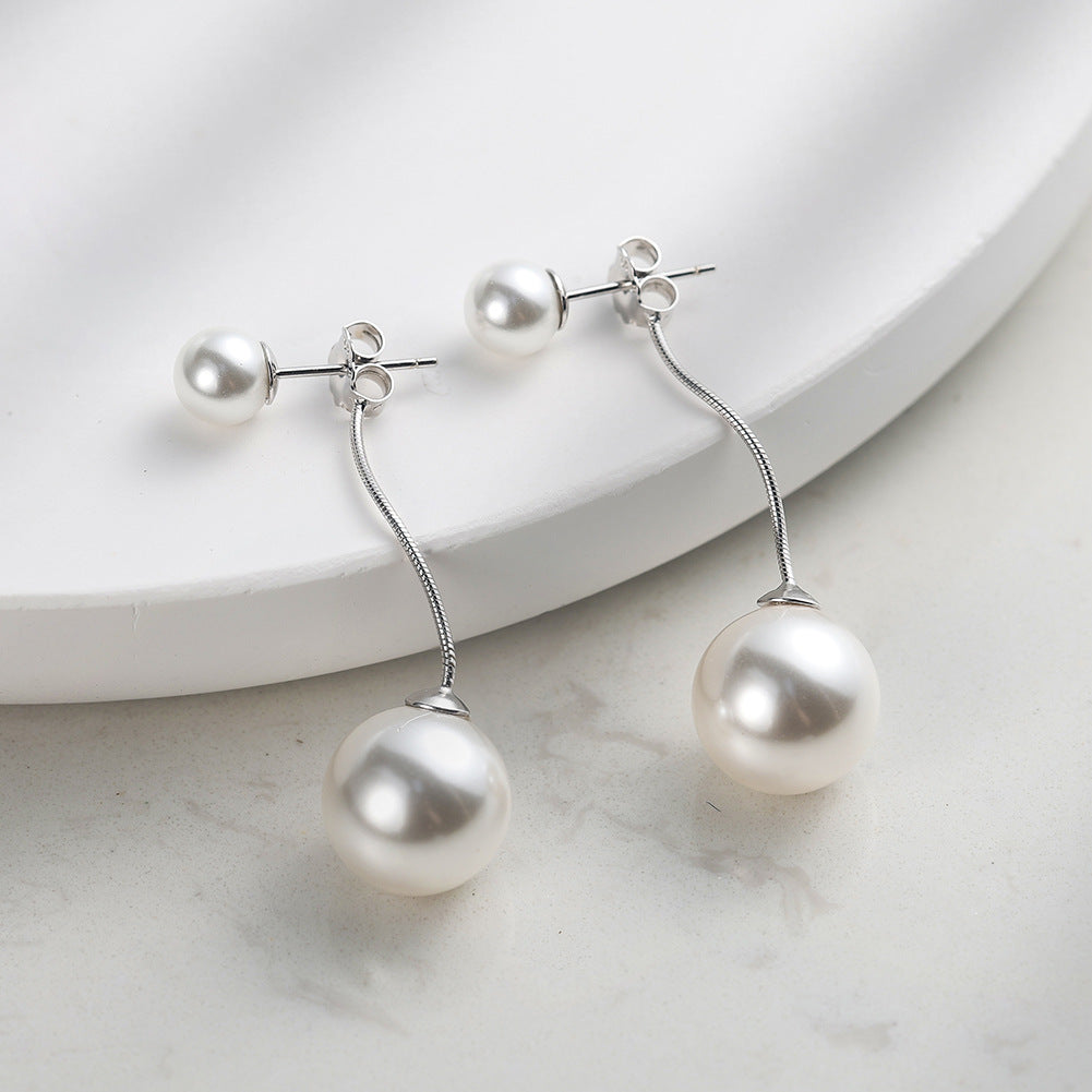 925 Sterling Silver Double Shell Pearl Linear Drop Earrings 40500079