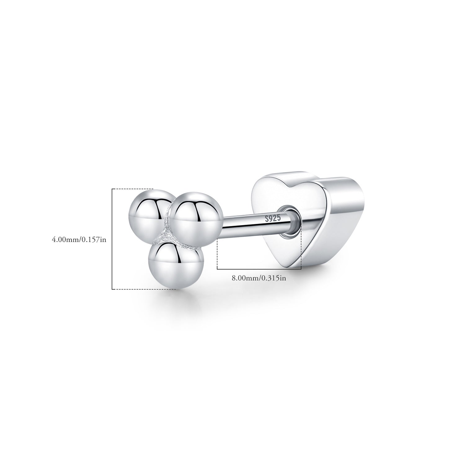 925 Sterling Silver Three Bead Cluster Flat Back Cartilage Stud 40600024