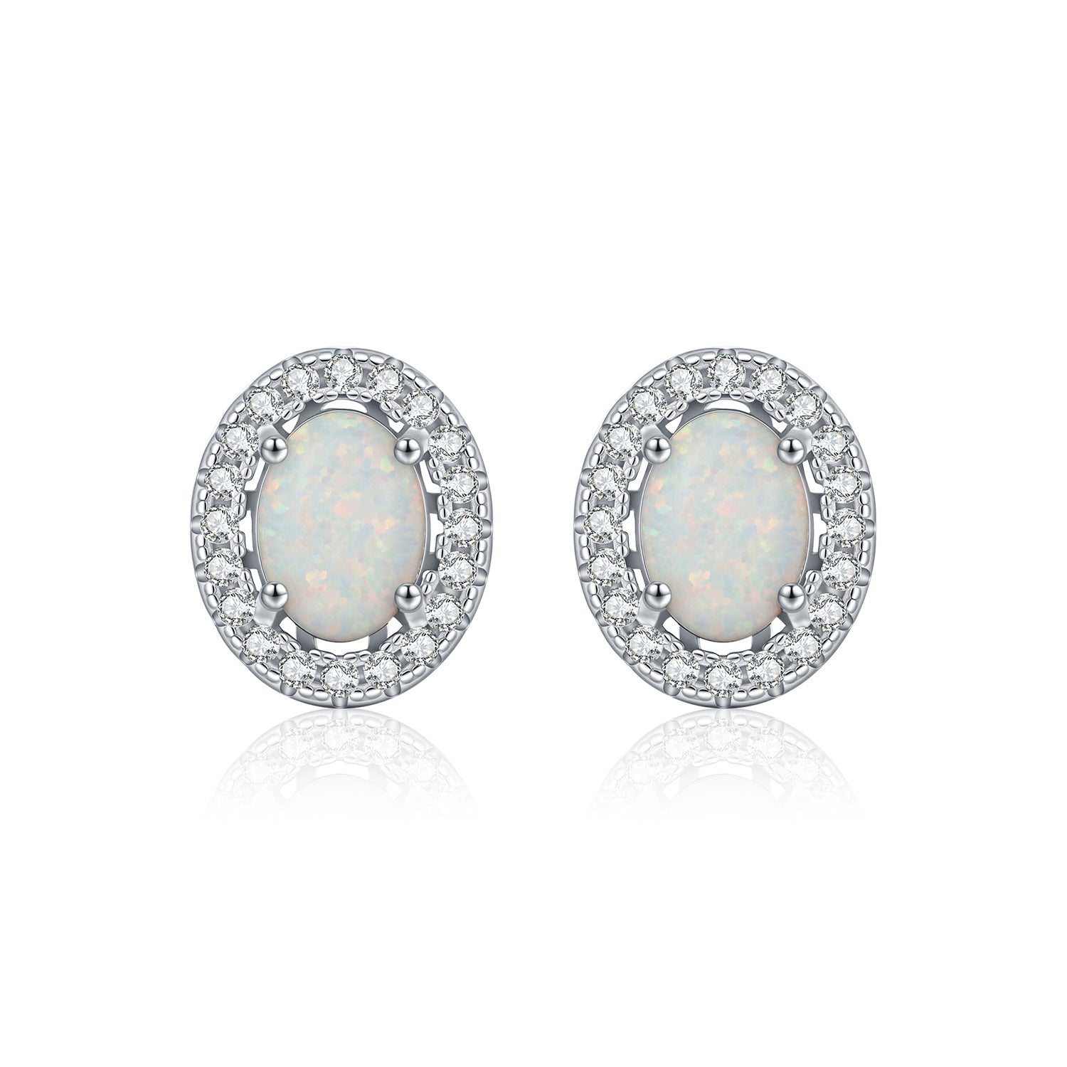 925 Sterling Silver Oval Halo Synthetic Opal Stud Earrings 40700046