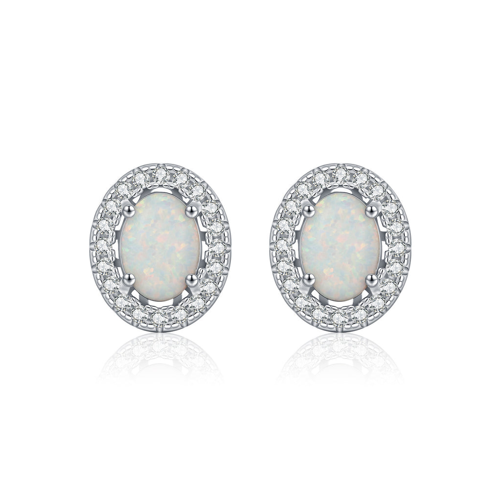925 Sterling Silver Oval Halo Synthetic Opal Stud Earrings 40700046
