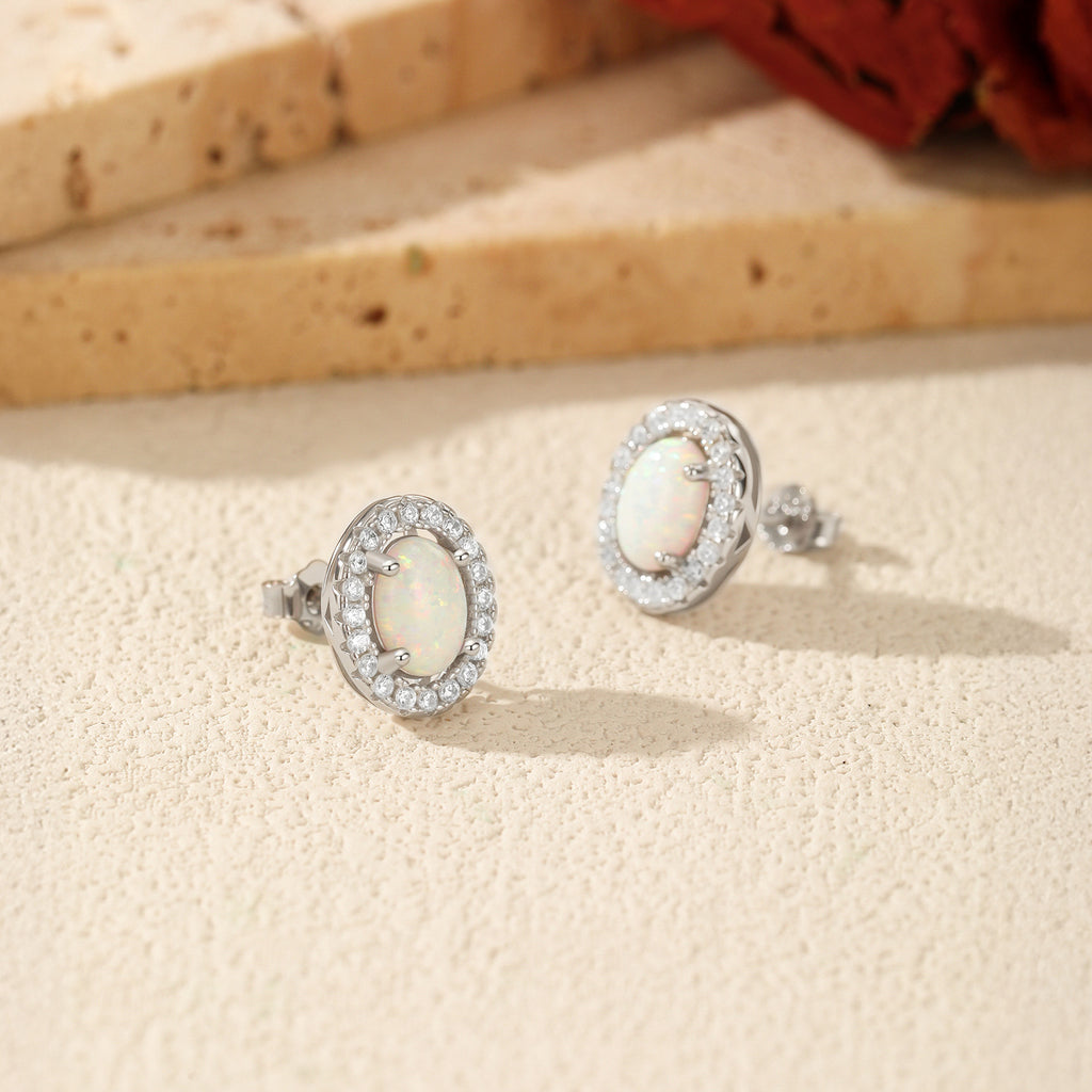 925 Sterling Silver Oval Halo Synthetic Opal Stud Earrings 40700046