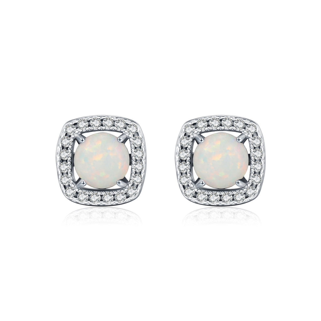 925 Sterling Silver Square Halo Synthetic Opal Stud Earrings 40700047