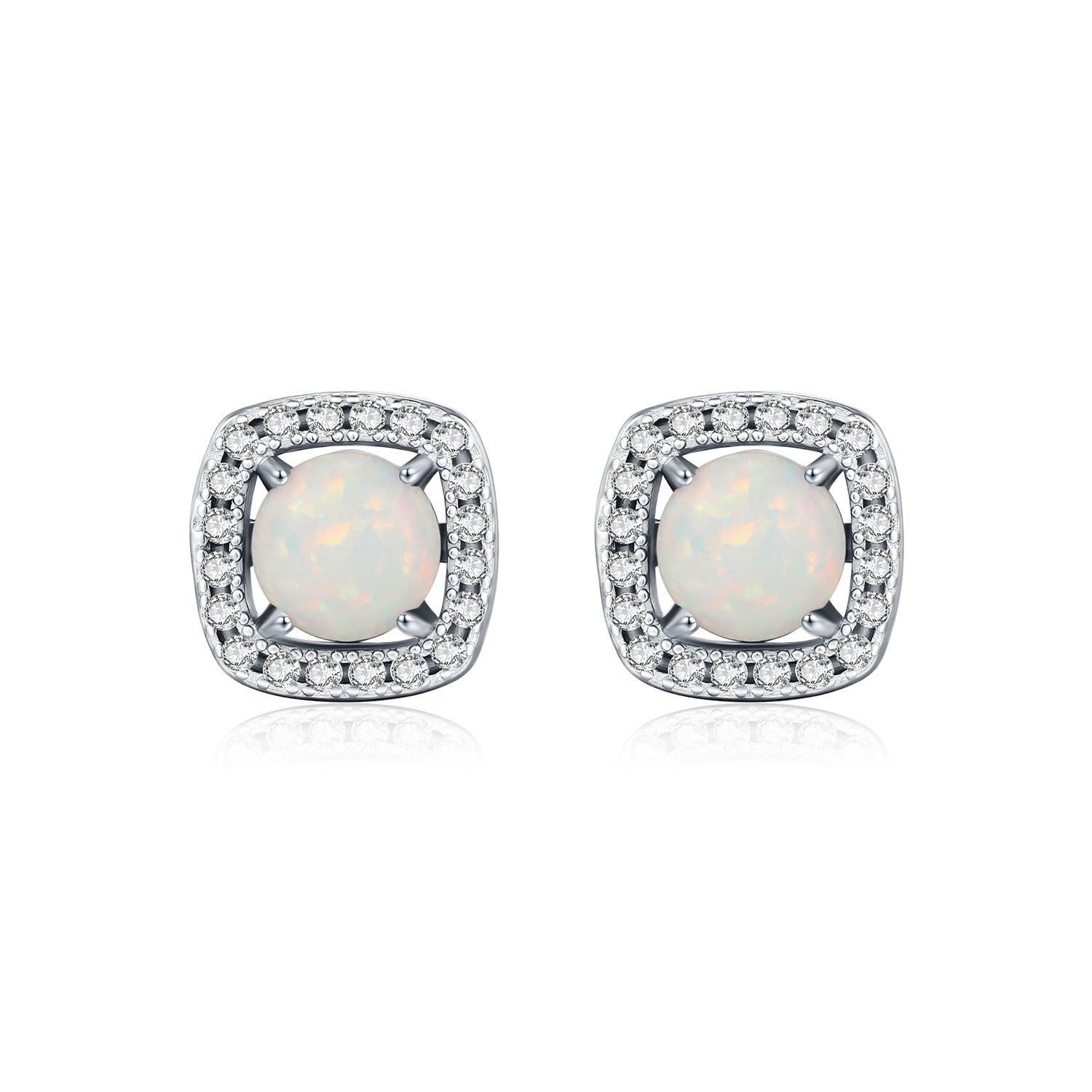 925 Sterling Silver Square Halo Synthetic Opal Stud Earrings 40700047