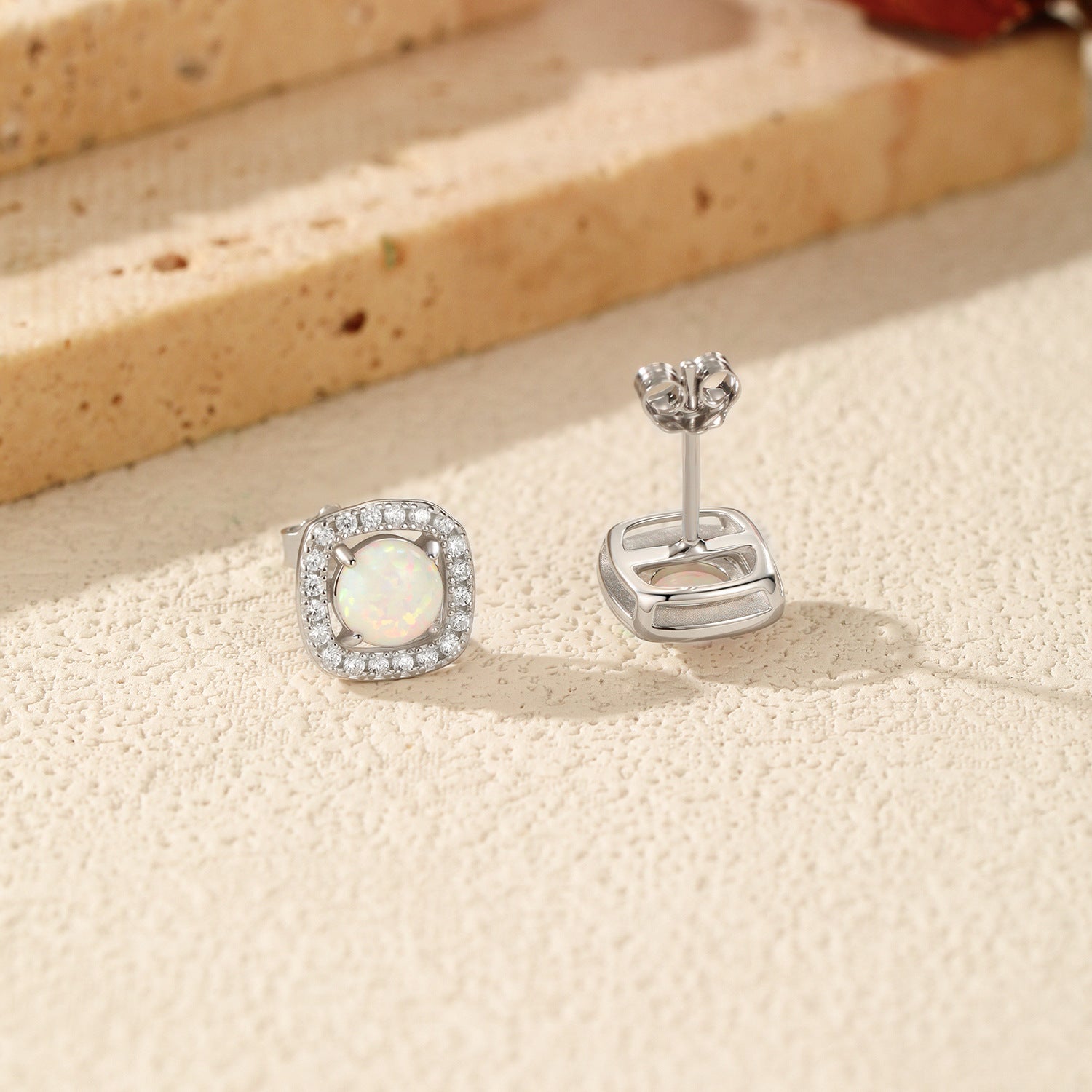 925 Sterling Silver Square Halo Synthetic Opal Stud Earrings 40700047