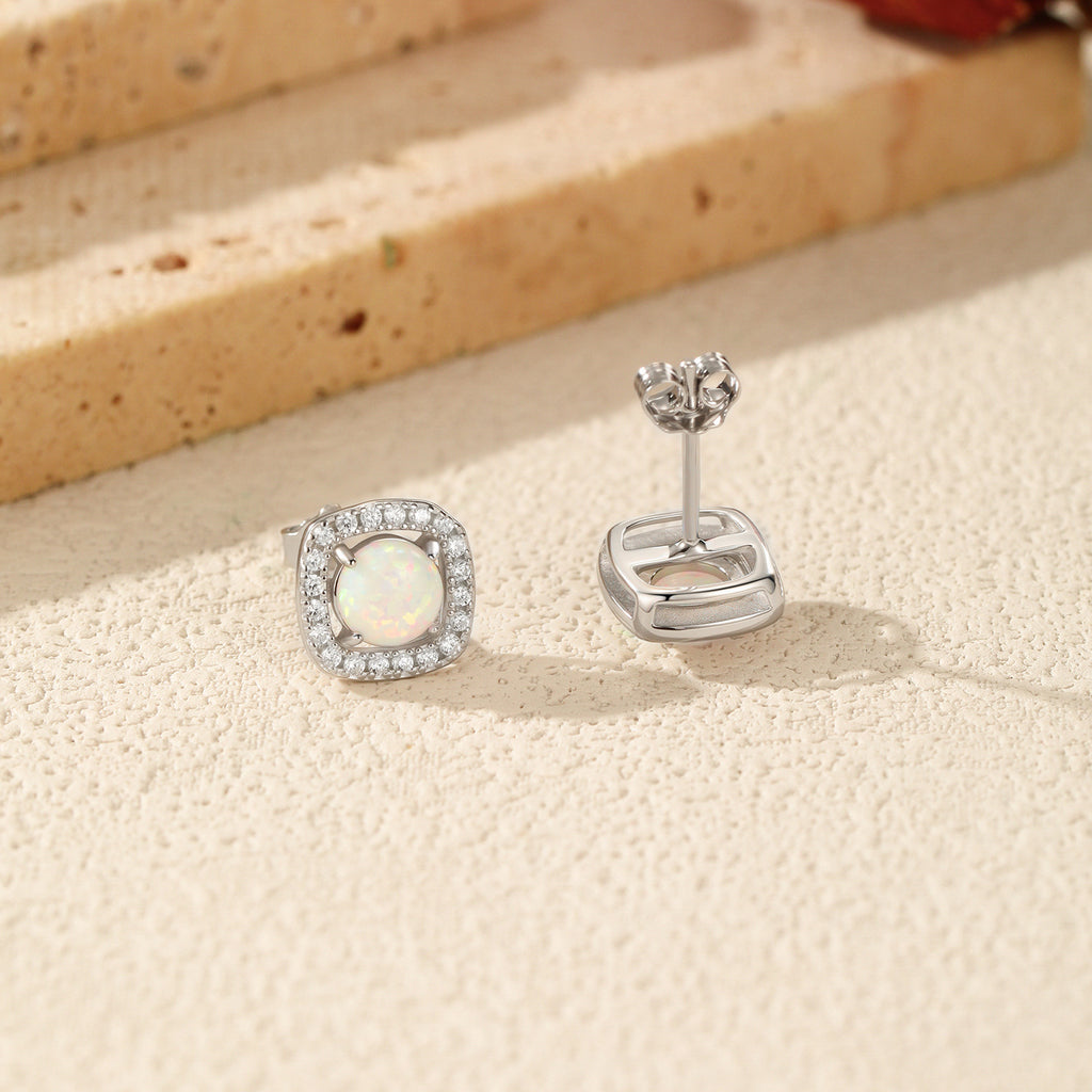 925 Sterling Silver Square Halo Synthetic Opal Stud Earrings 40700047