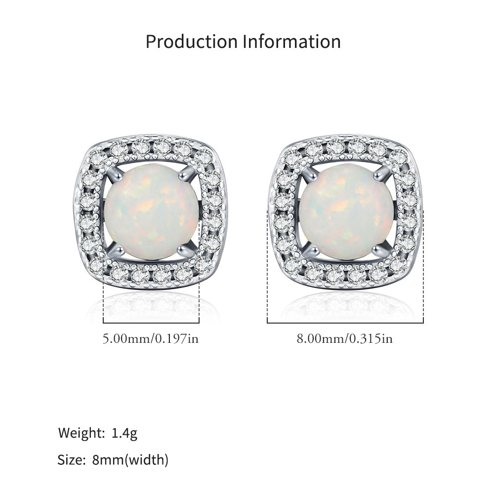 925 Sterling Silver Square Halo Synthetic Opal Stud Earrings 40700047