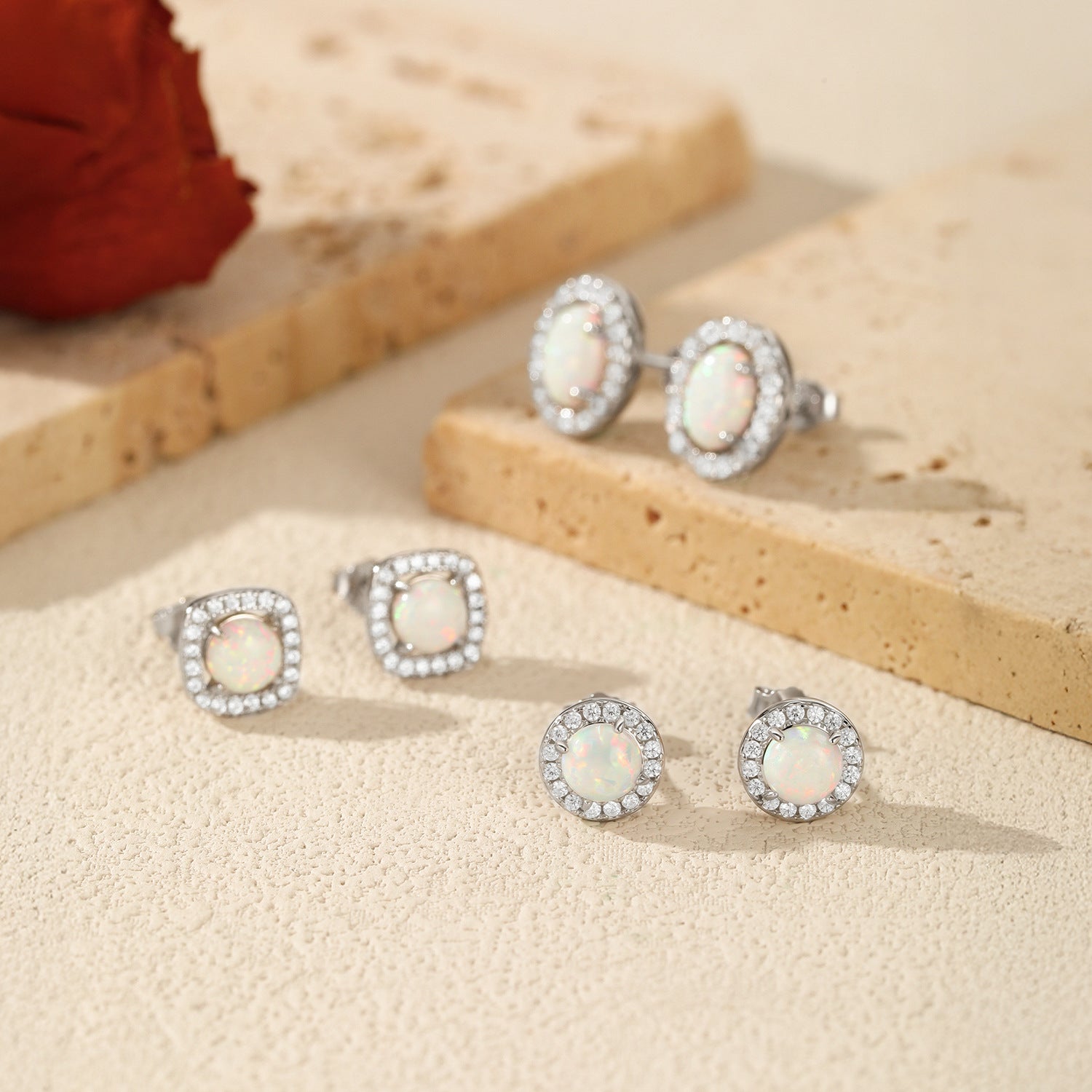 925 Sterling Silver Oval Halo Synthetic Opal Stud Earrings 40700046