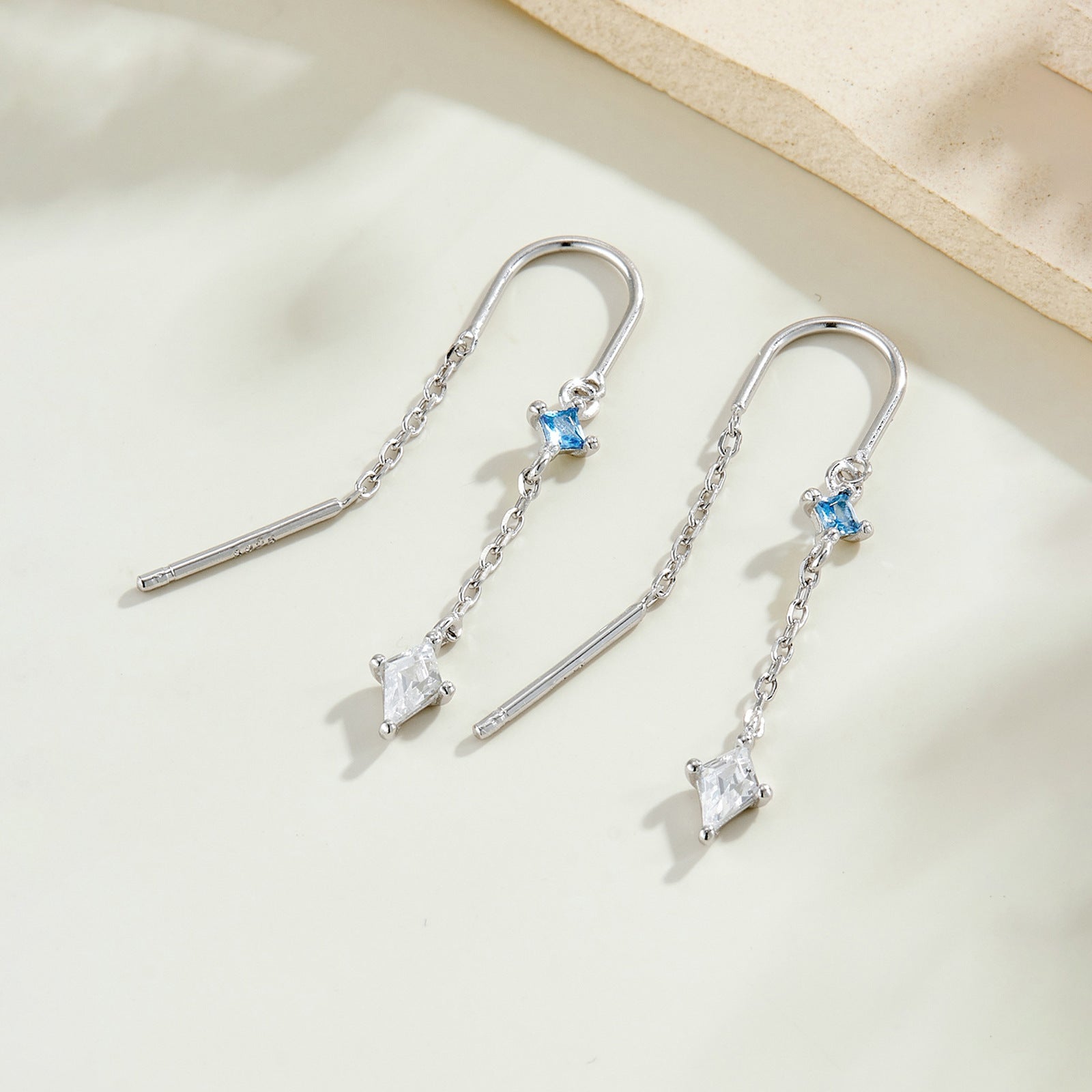 925 Sterling Silver Geometric Kite CZ Tassel Threader Earrings 50500010