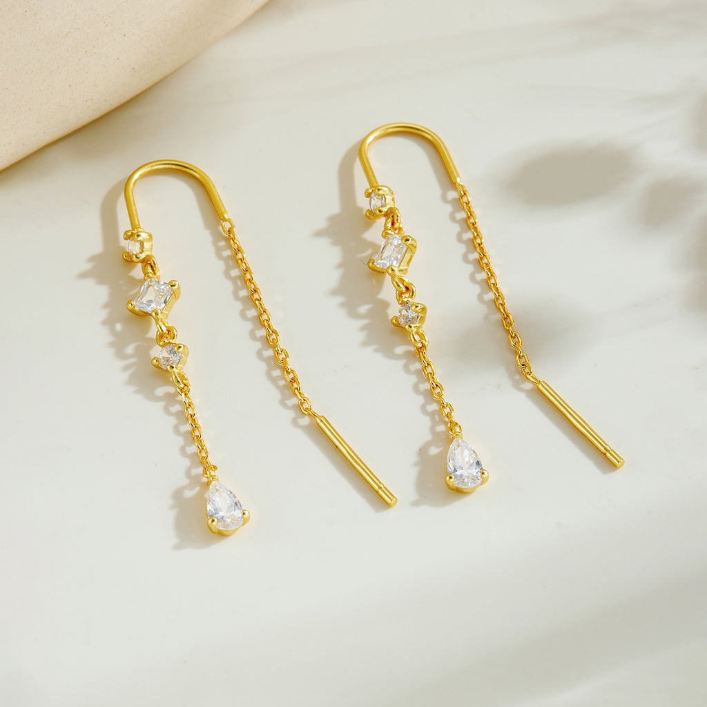 925 Sterling Silver Geometric CZ Tassel Threader Earrings 50500011