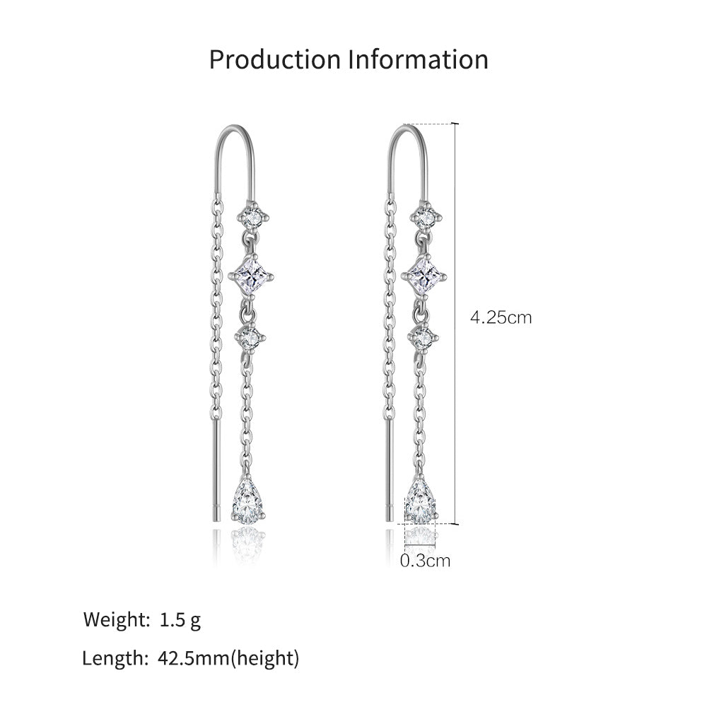 925 Sterling Silver Geometric CZ Tassel Threader Earrings 50500011