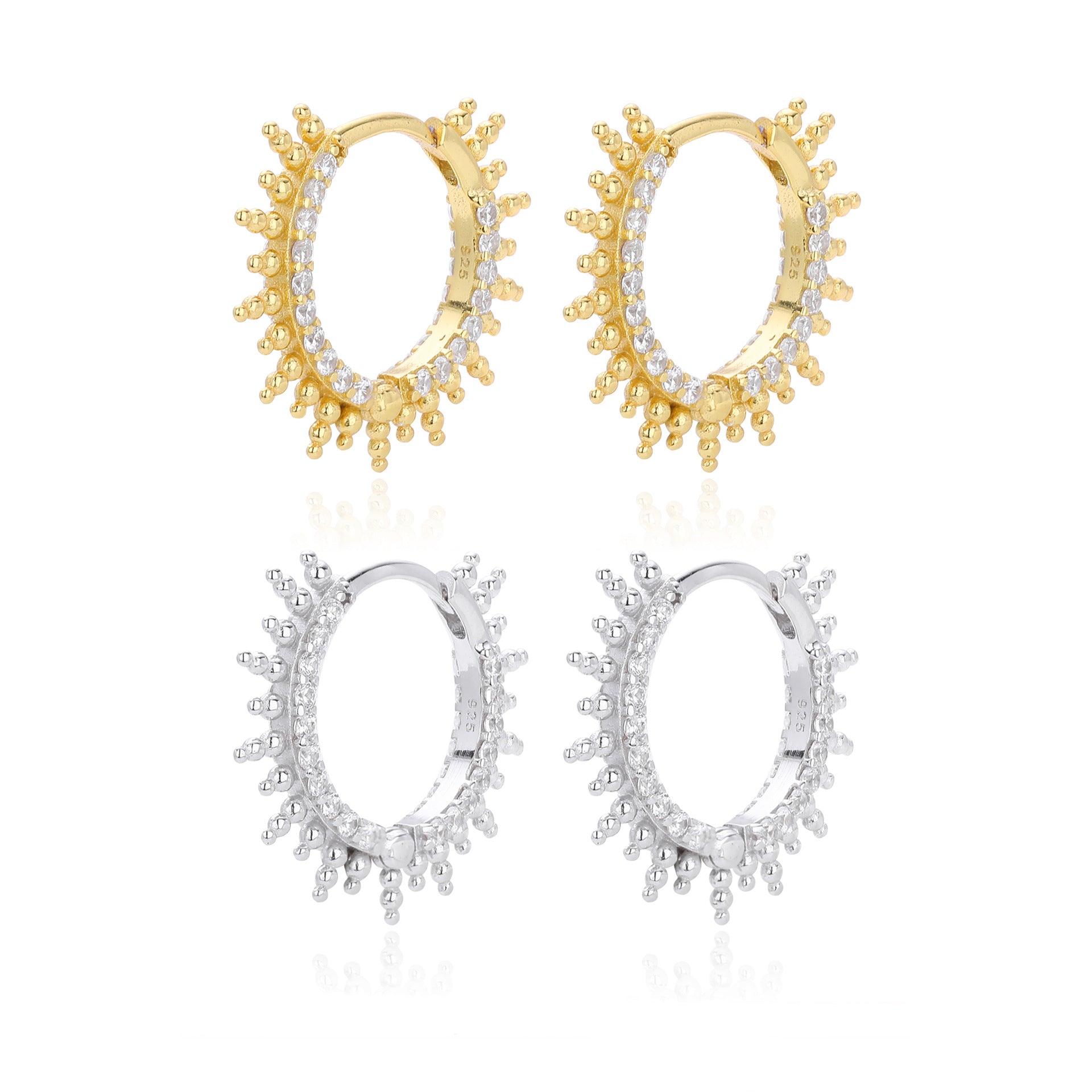 925 Sterling Silver Sunburst Spiked Zircon Huggie Hoop Earrings 60200311
