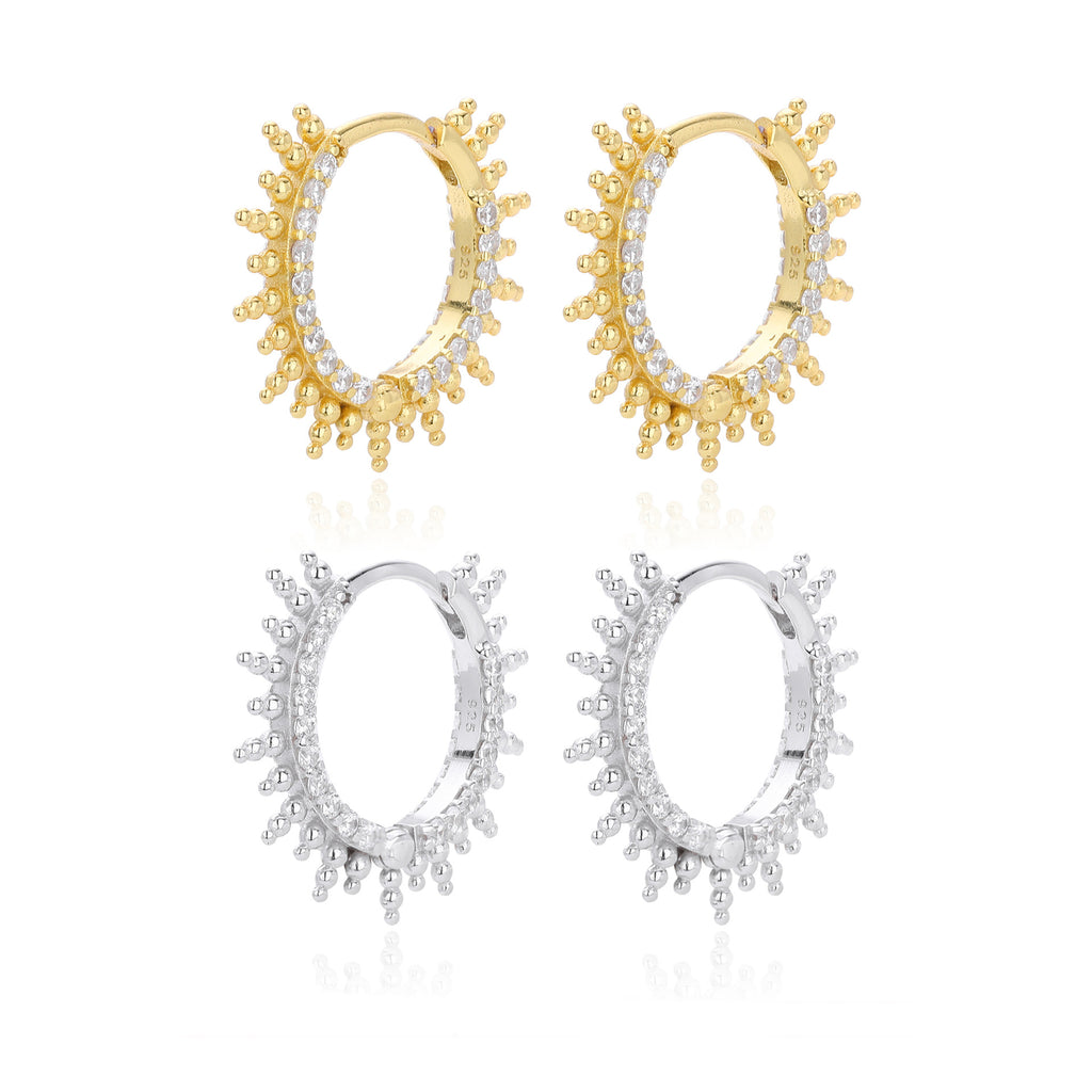 925 Sterling Silver Sunburst Spiked Zircon Huggie Hoop Earrings 60200311
