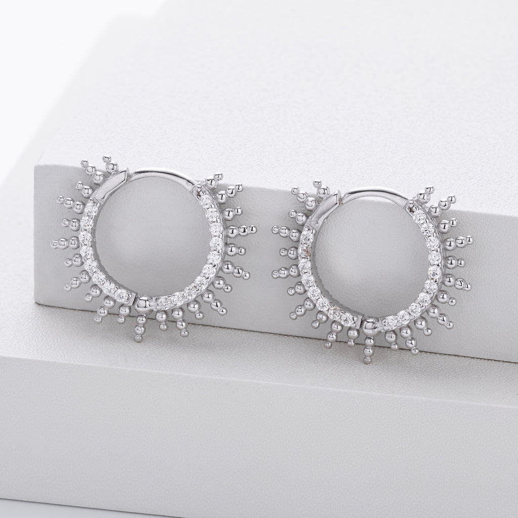 925 Sterling Silver Sunburst Spiked Zircon Huggie Hoop Earrings 60200311
