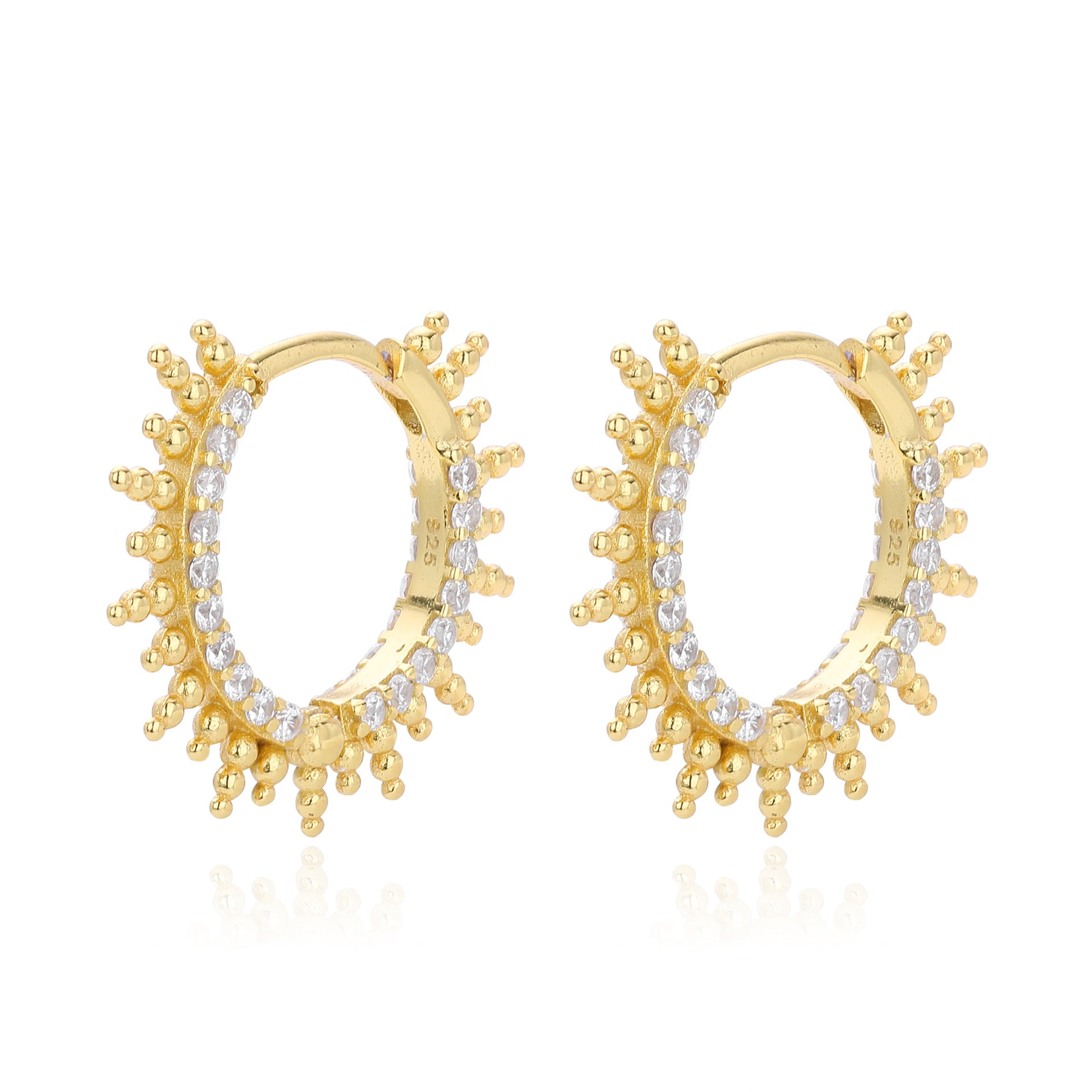 925 Sterling Silver Sunburst Spiked Zircon Huggie Hoop Earrings 60200311