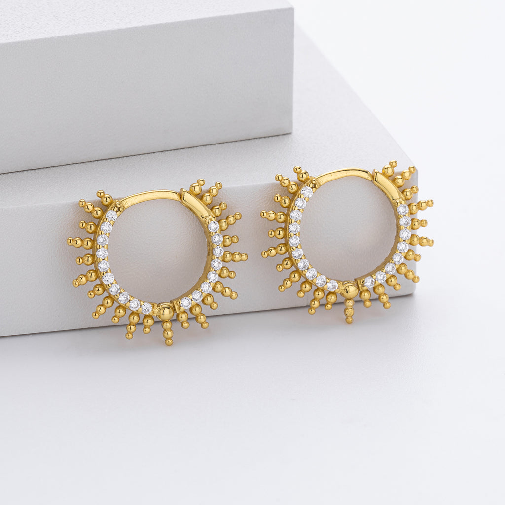 925 Sterling Silver Sunburst Spiked Zircon Huggie Hoop Earrings 60200311