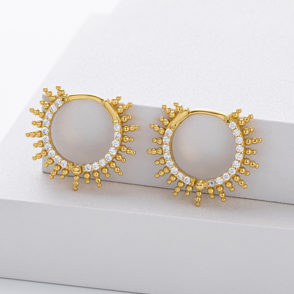 925 Sterling Silver Sunburst Spiked Zircon Huggie Hoop Earrings 60200311