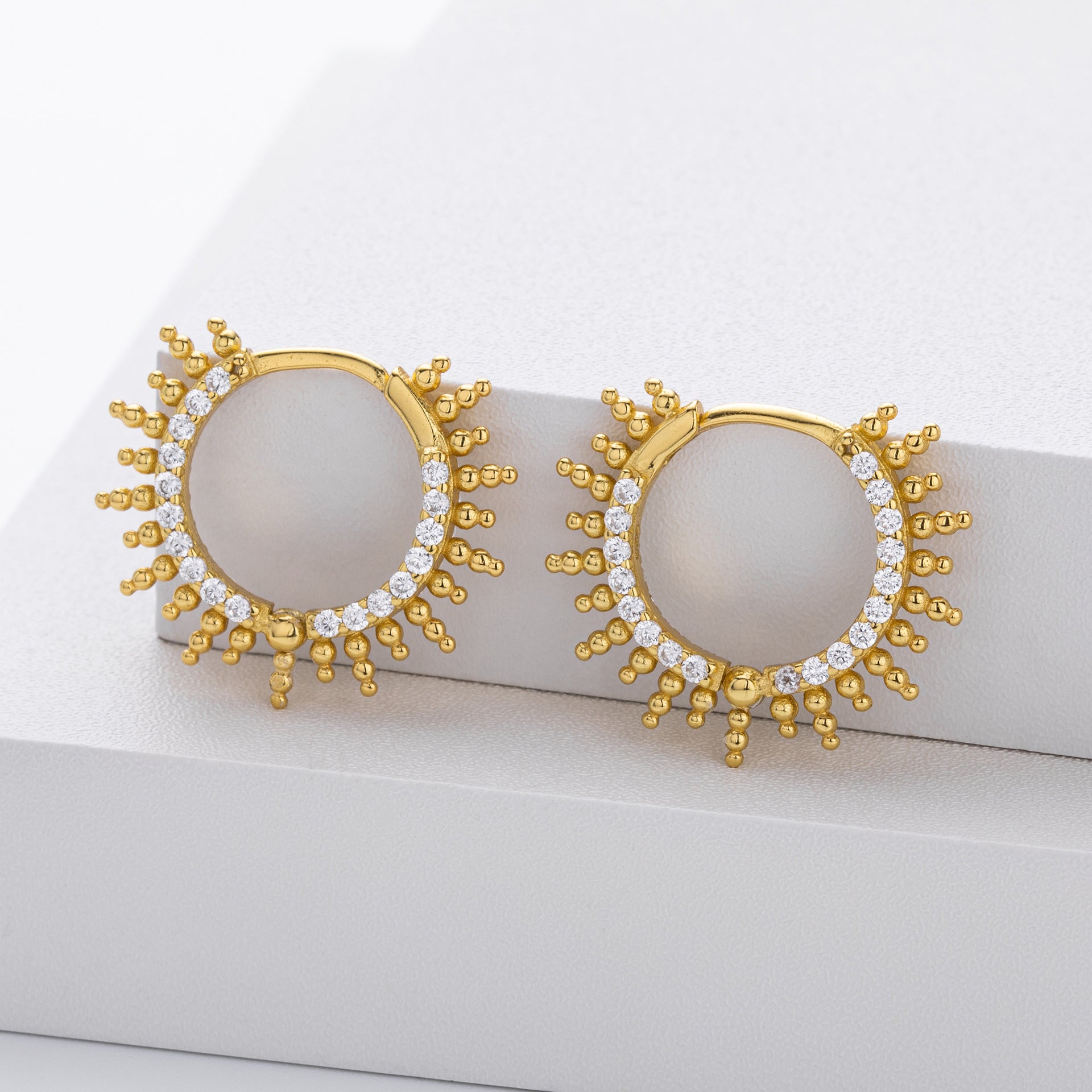 925 Sterling Silver Sunburst Spiked Zircon Huggie Hoop Earrings 60200311
