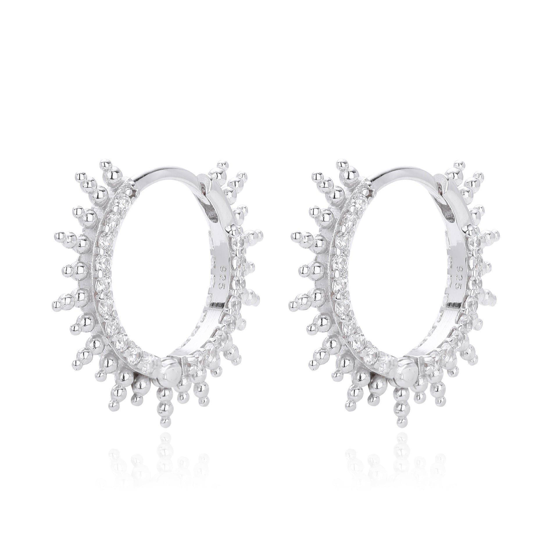925 Sterling Silver Sunburst Spiked Zircon Huggie Hoop Earrings 60200311