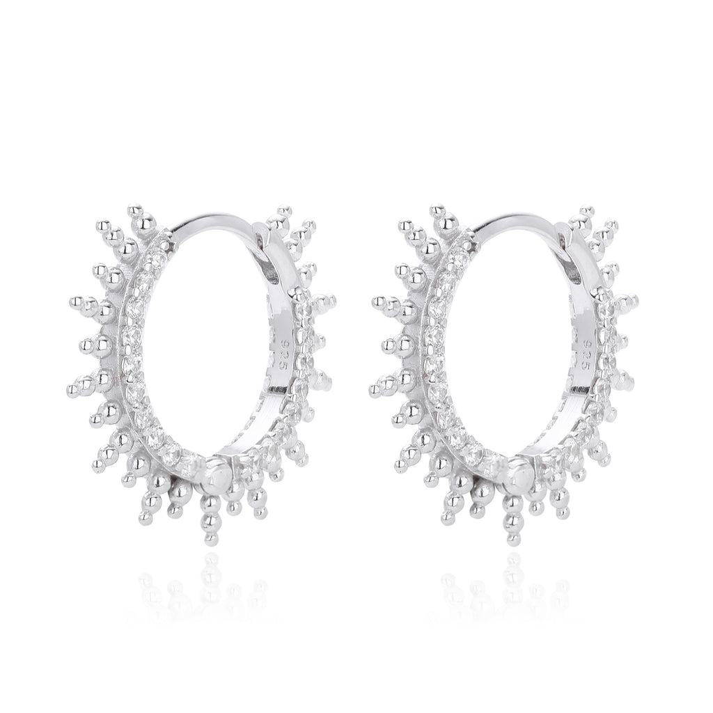 925 Sterling Silver Sunburst Spiked Zircon Huggie Hoop Earrings 60200311