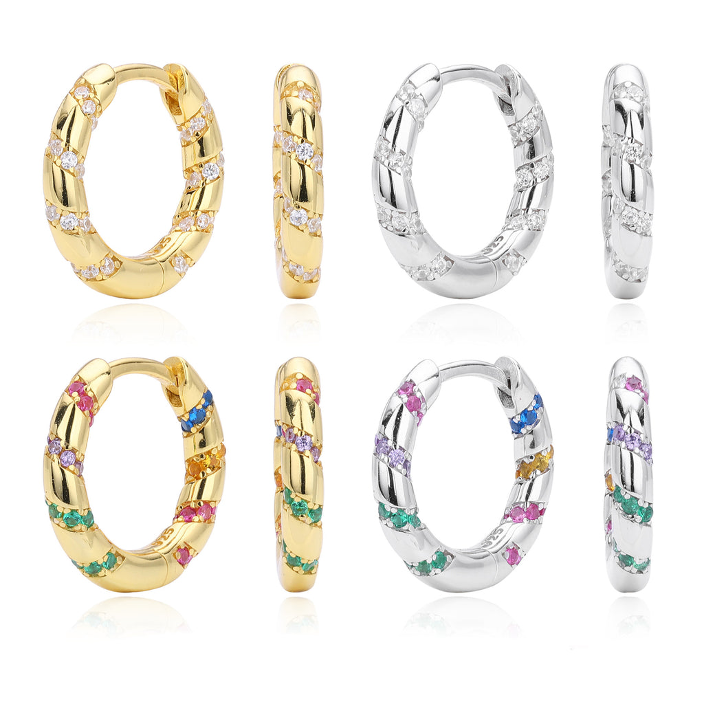 925 Sterling Silver Twisted Rainbow Zircon Huggie Hoop Earrings 60200313