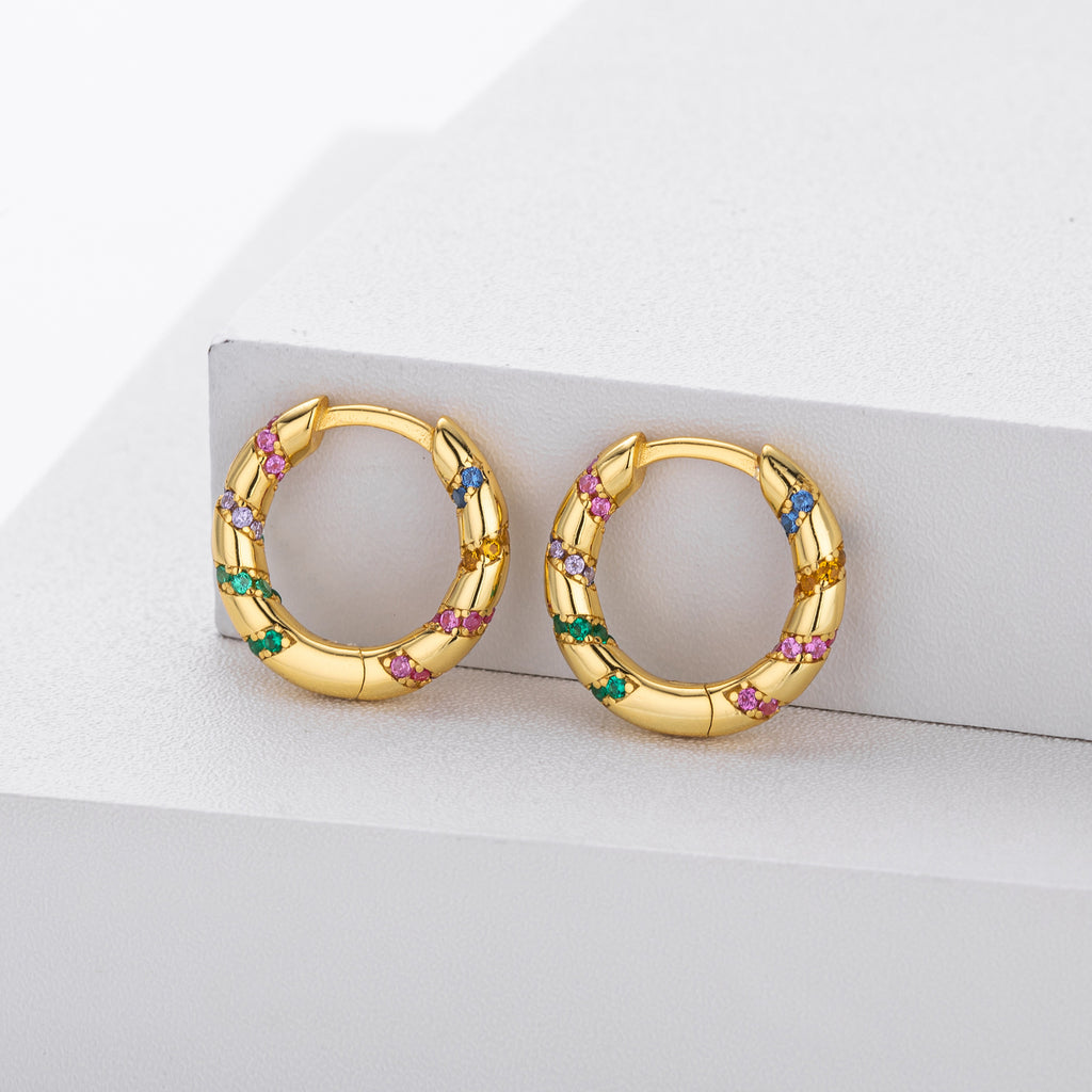 925 Sterling Silver Twisted Rainbow Zircon Huggie Hoop Earrings 60200313