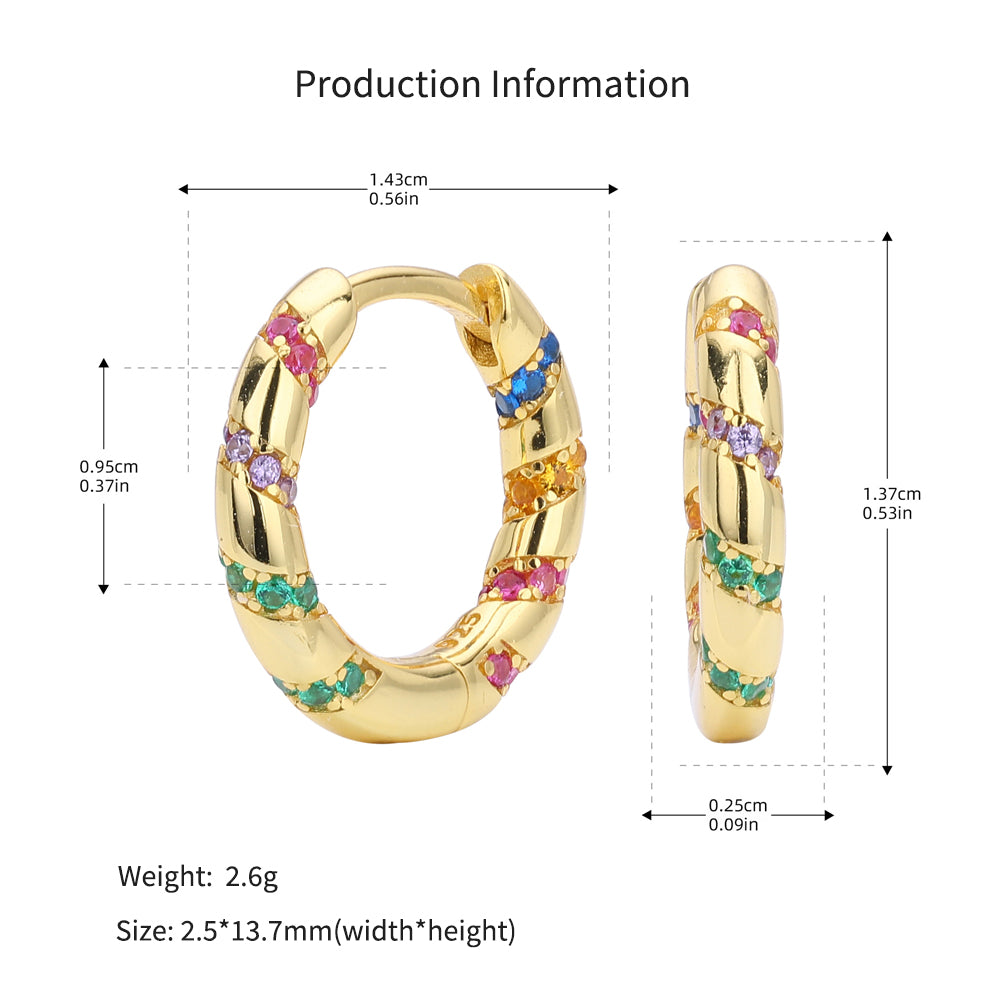 925 Sterling Silver Twisted Rainbow Zircon Huggie Hoop Earrings 60200313