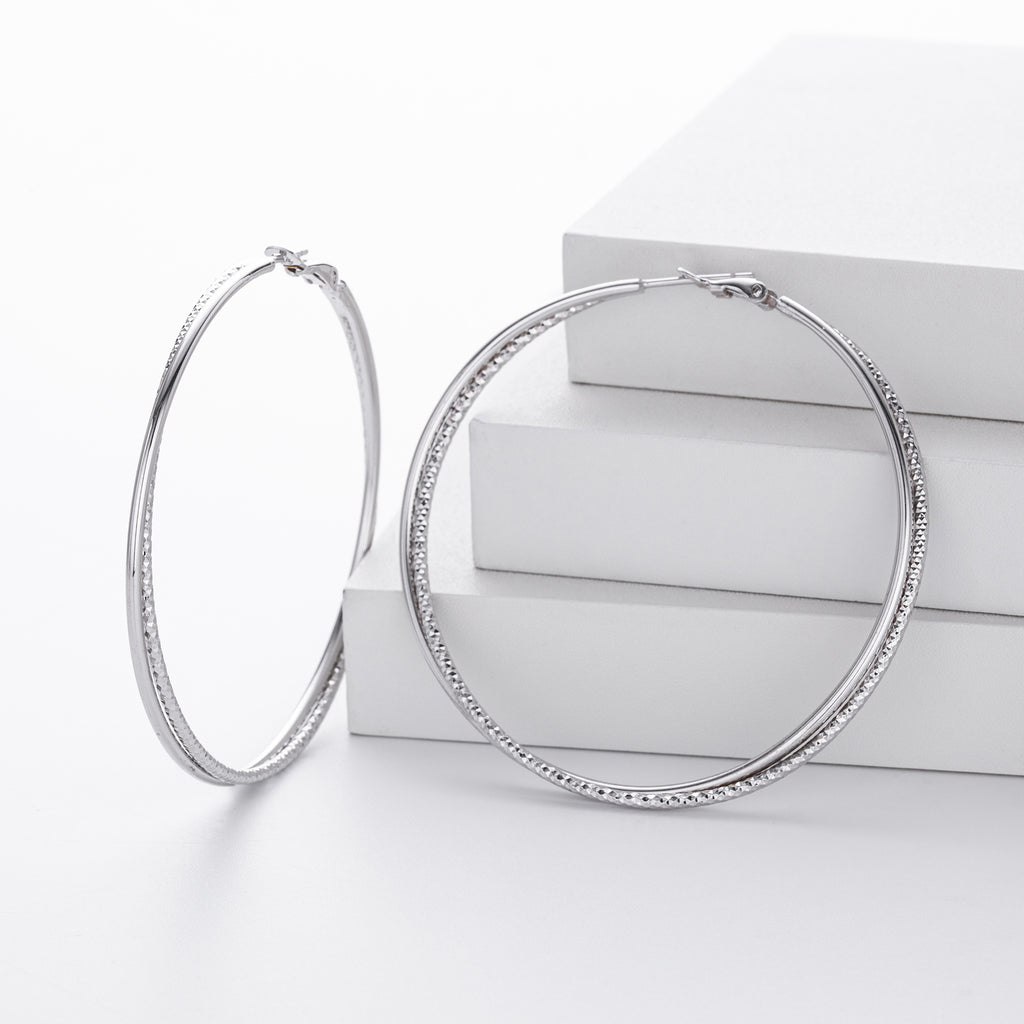 925 Sterling Silver Textured Statement Large Hoop Earrings 60200316