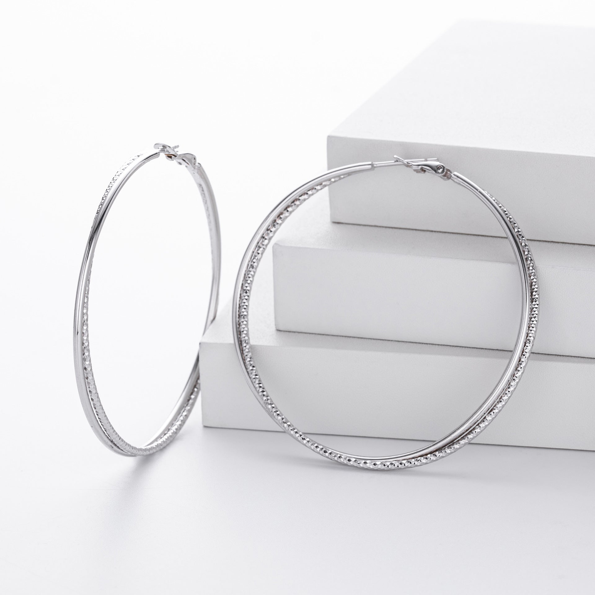 925 Sterling Silver Textured Statement Large Hoop Earrings 60200316