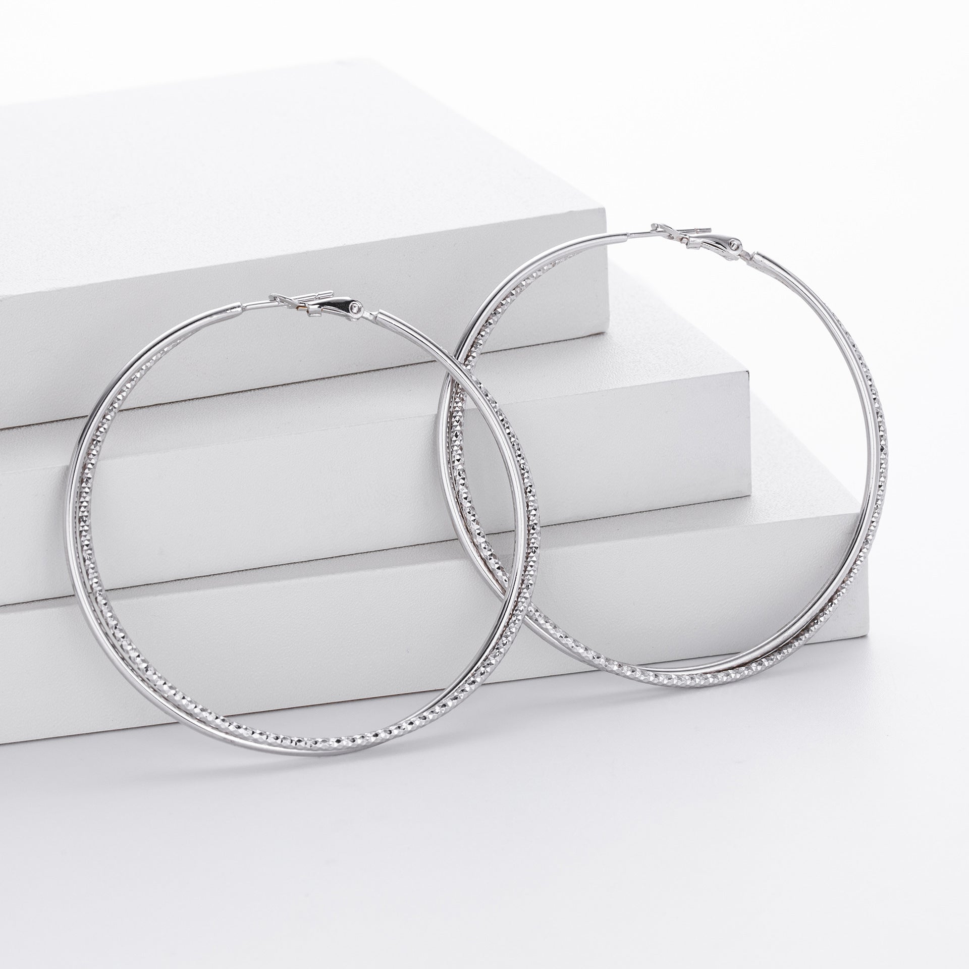 925 Sterling Silver Textured Statement Large Hoop Earrings 60200316