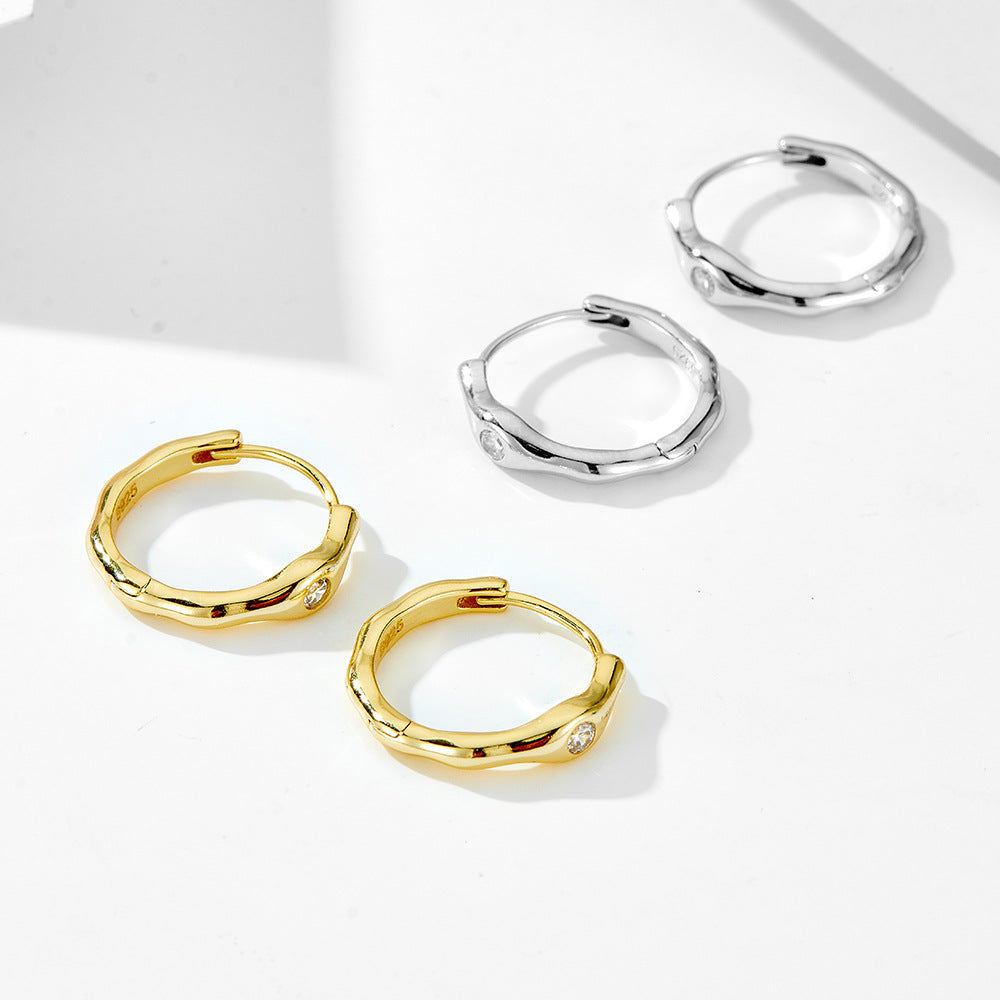 925 Sterling Silver Irregular Geometric Zircon Huggie Hoop Earrings 60200330