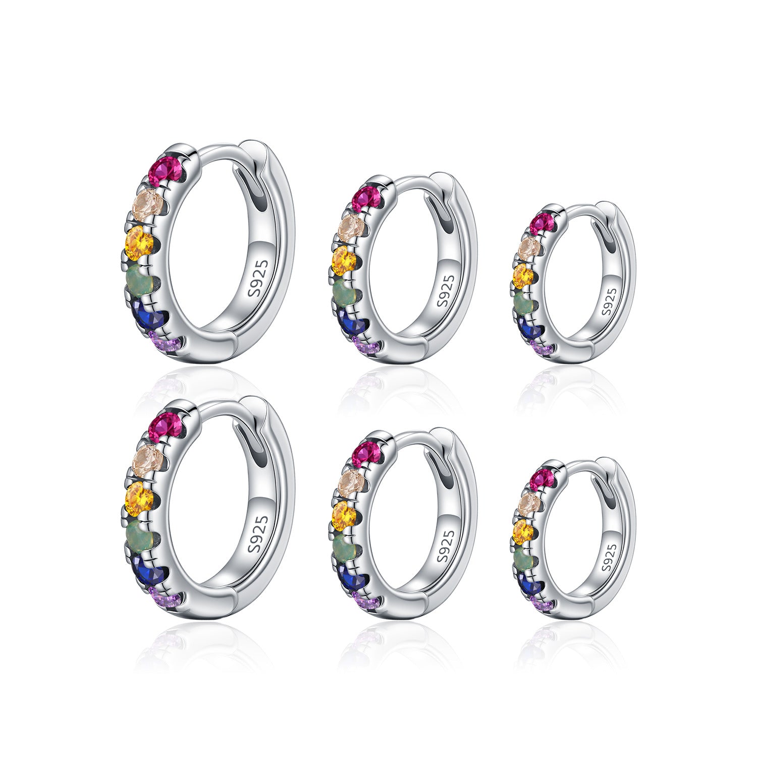 925 Sterling Silver Rainbow Zircon Pavé Huggie Earrings 60200332