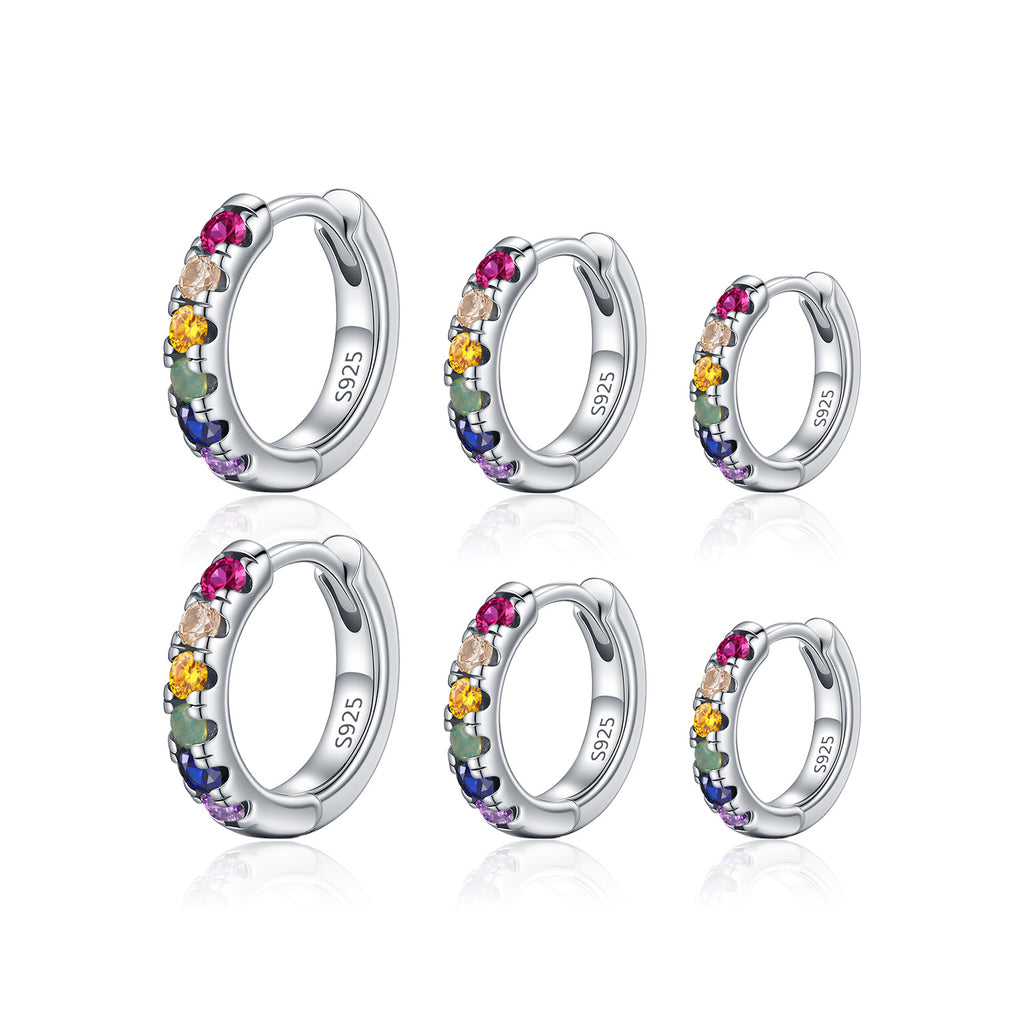 925 Sterling Silver Rainbow Zircon Pavé Huggie Earrings 60200332