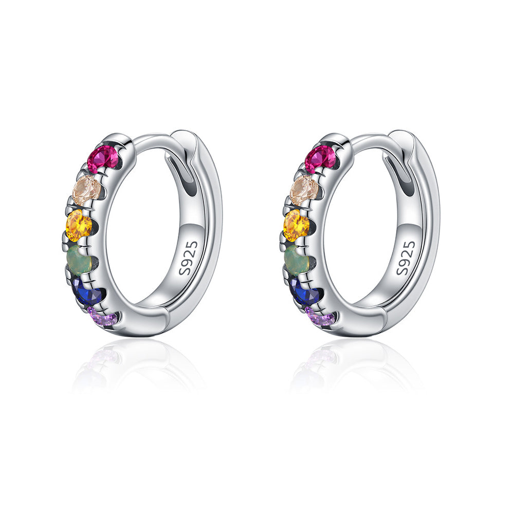 925 Sterling Silver Rainbow Zircon Pavé Huggie Earrings 60200332