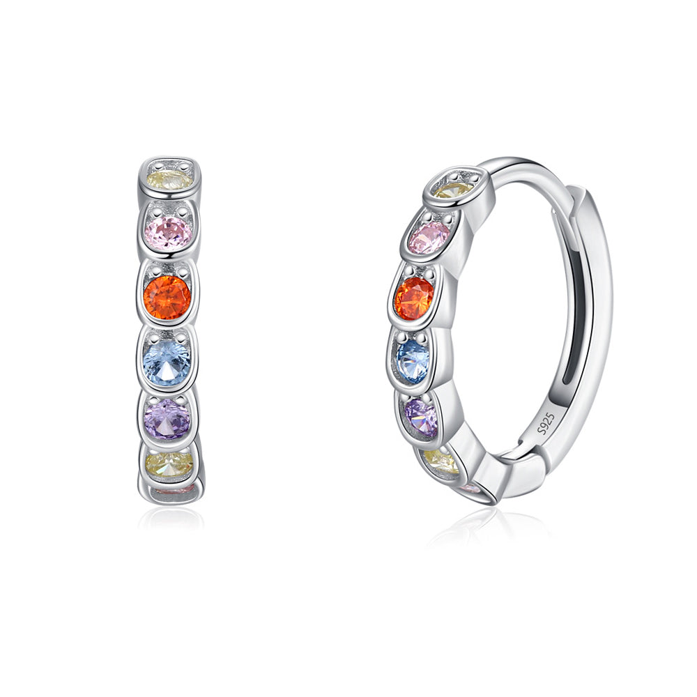 925 Sterling Silver Rainbow Zircon Bezel Set Huggie Earrings 60200345