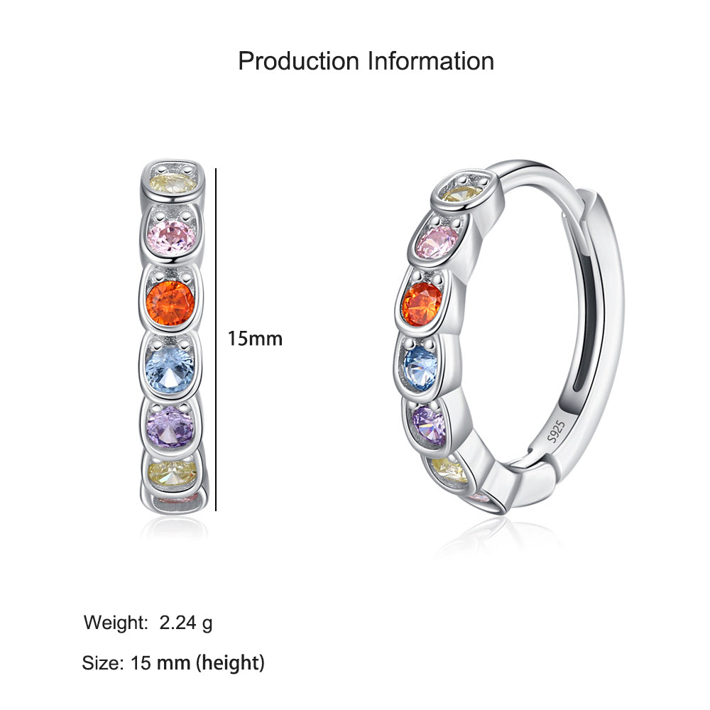 925 Sterling Silver Rainbow Zircon Bezel Set Huggie Earrings 60200345