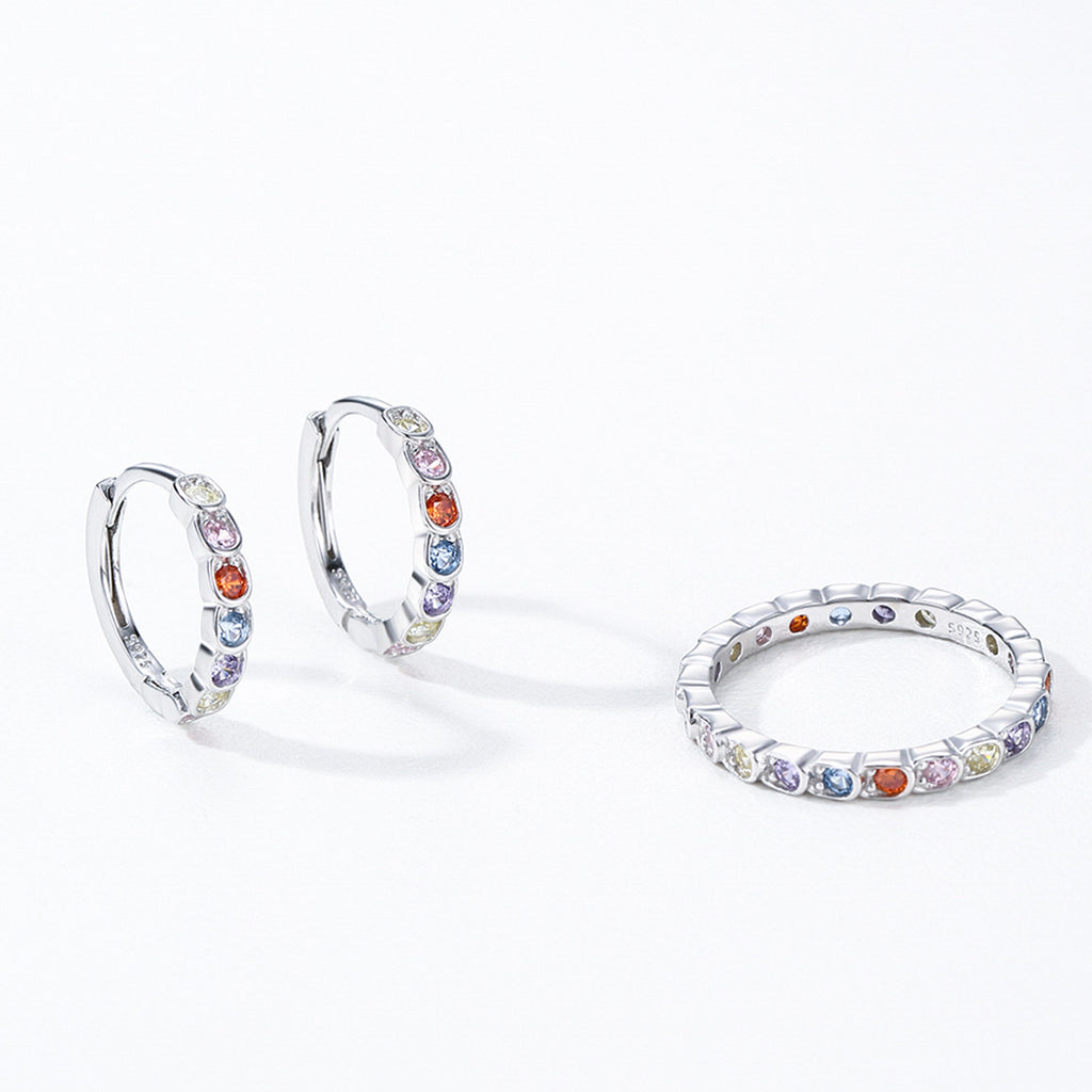 925 Sterling Silver Rainbow Zircon Bezel Set Huggie Earrings 60200345
