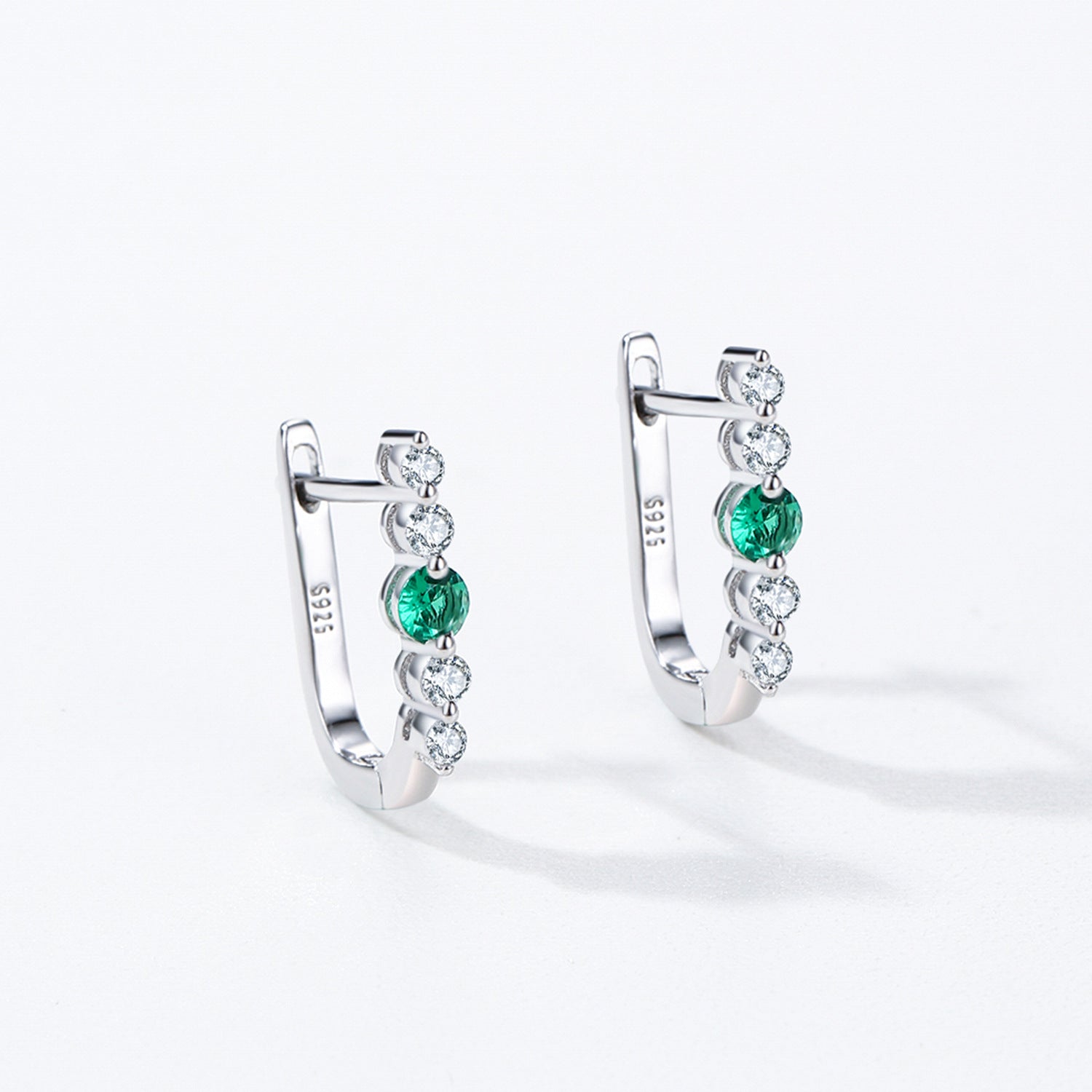 925 Sterling Silver Emerald Green Zircon U-Shaped Huggie Earrings 60200351