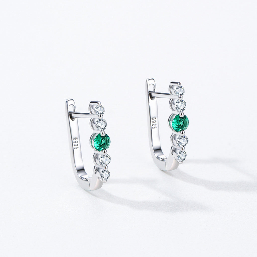925 Sterling Silver Emerald Green Zircon U-Shaped Huggie Earrings 60200351