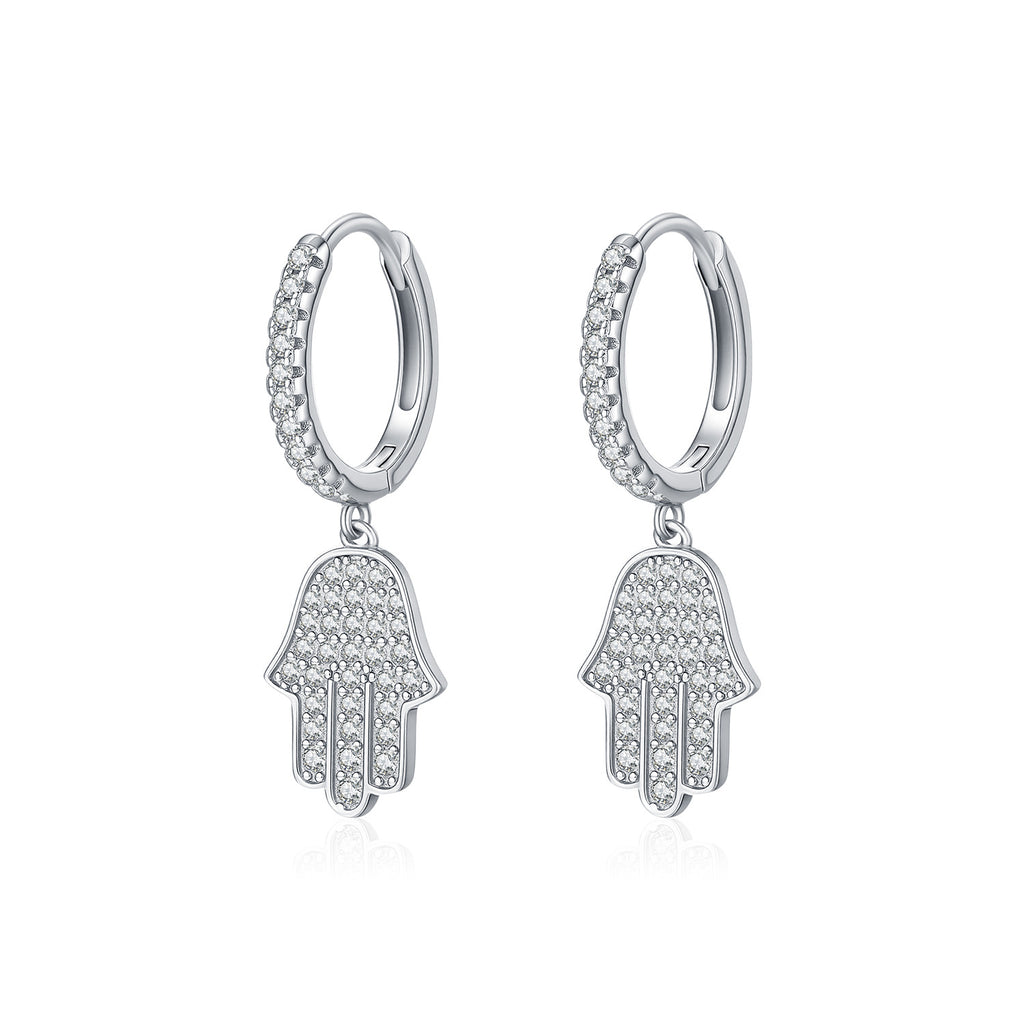 925 Sterling Silver Hamsa Hand Pavé Zircon Huggie Hoop Earrings 60300217