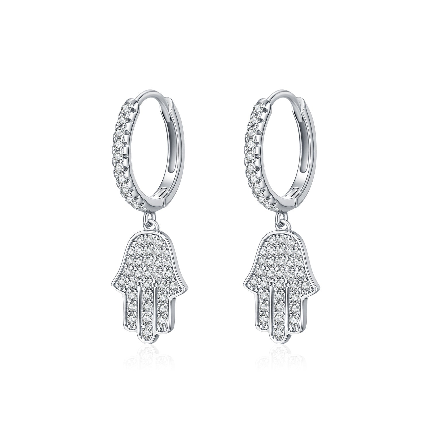 925 Sterling Silver Hamsa Hand Pavé Zircon Huggie Hoop Earrings 60300217